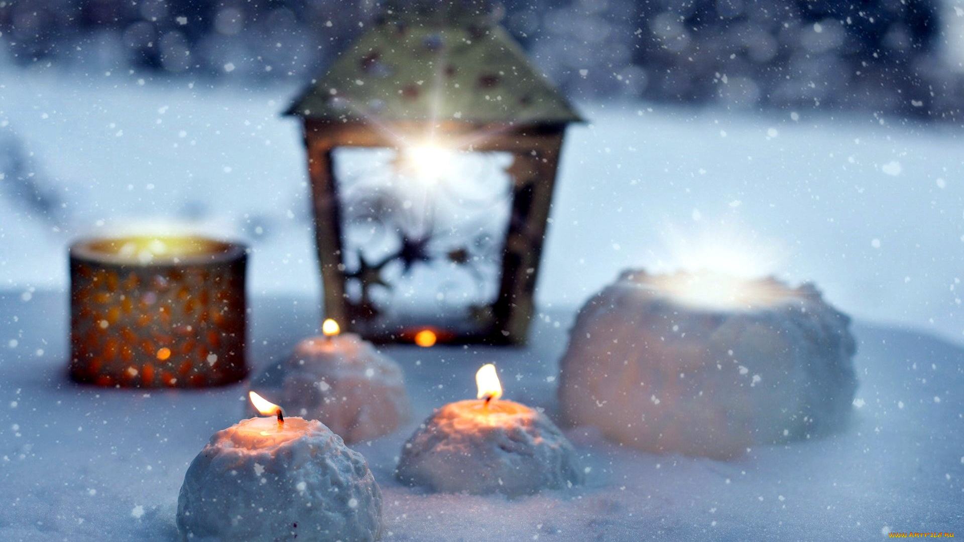 праздничные, новогодние, свечи, огоньки, снег