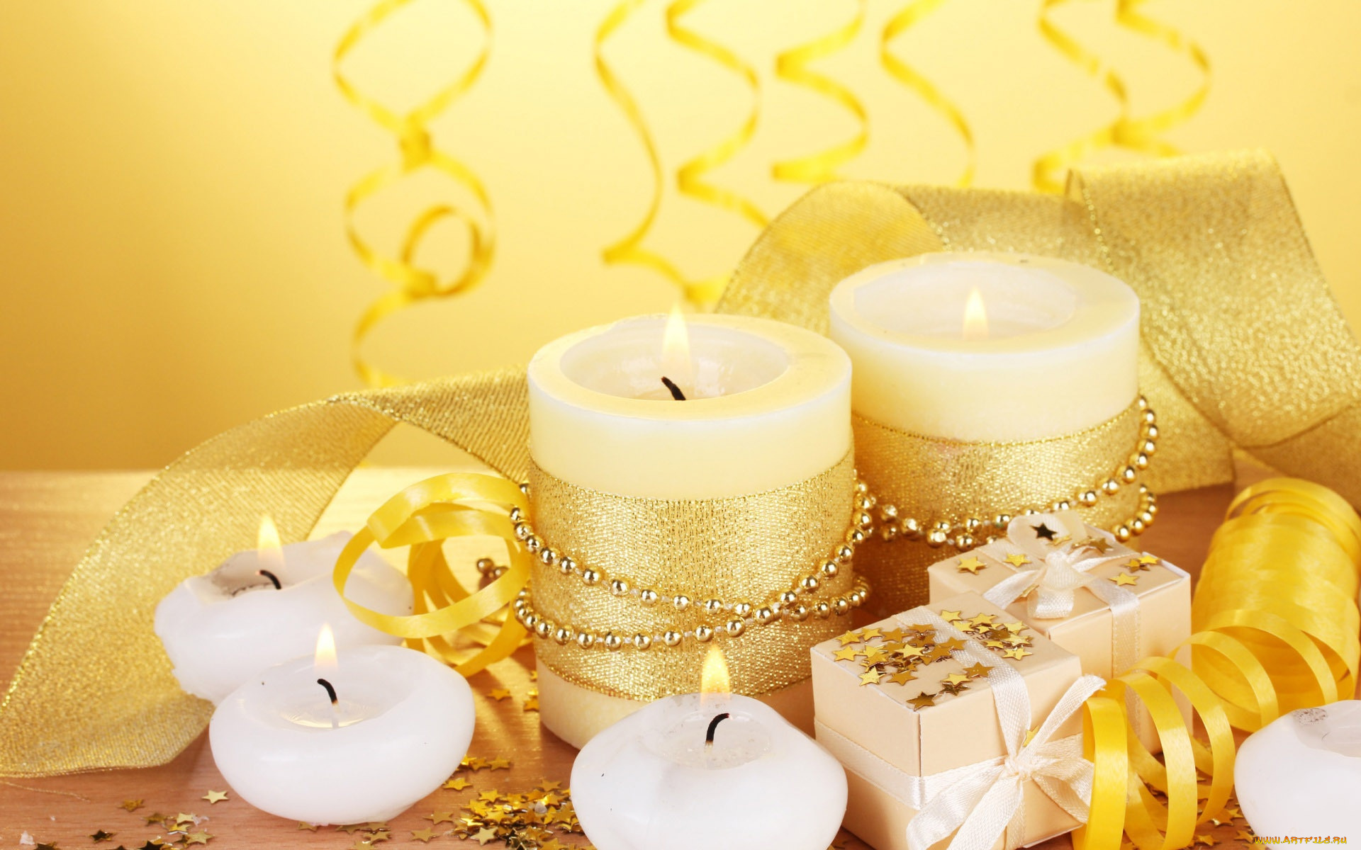 праздничные, новогодние, свечи, лента, свечи, украшения, декор, новый, год, золотой, подарки, праздник