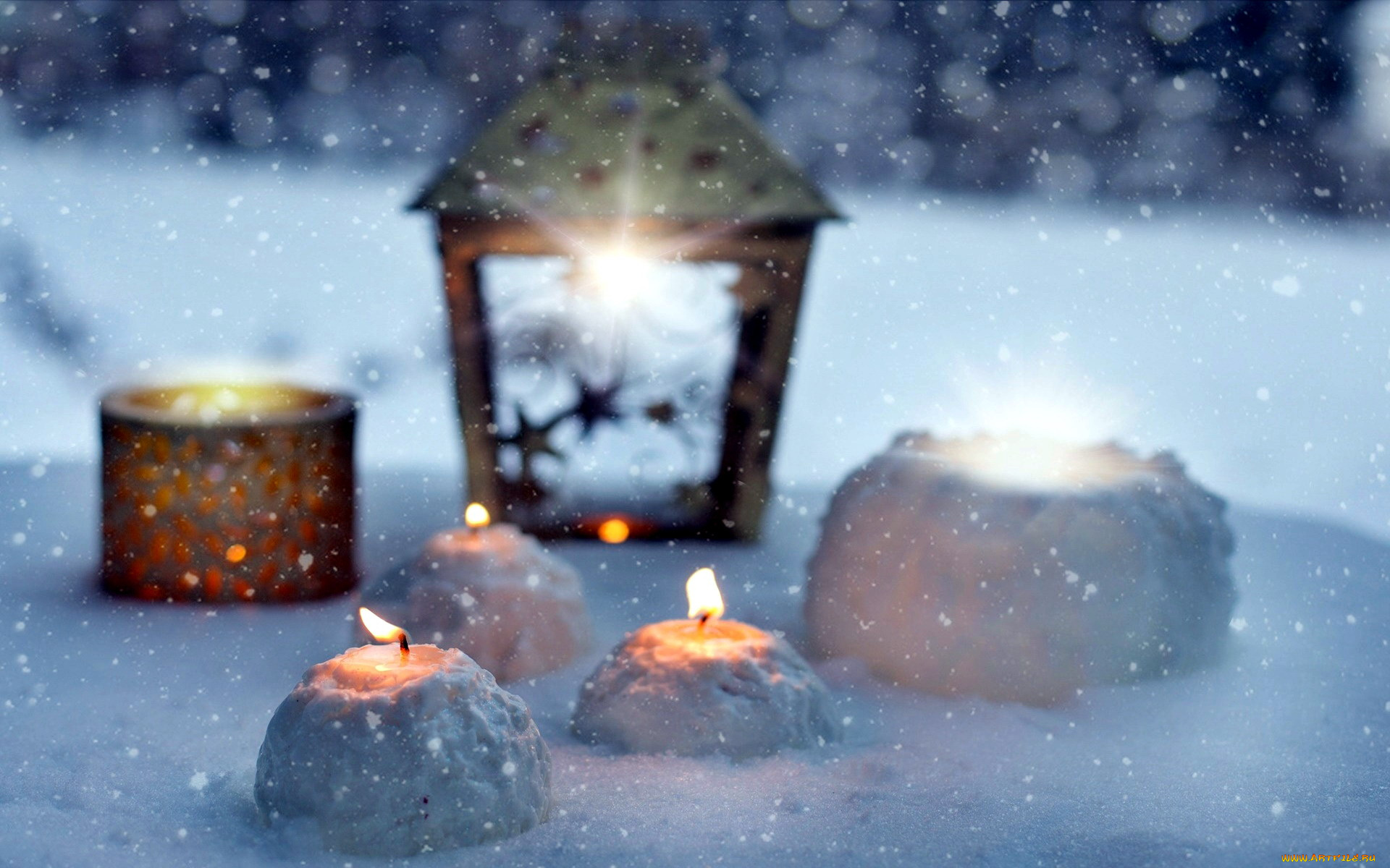 праздничные, новогодние, свечи, огоньки, снег