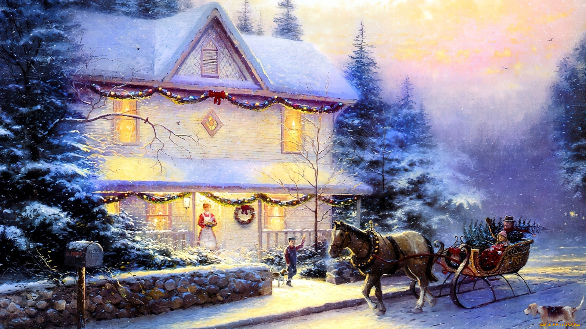 рисованное, thomas, kinkade, дом, снег, деревья, люди, сани, лошадь