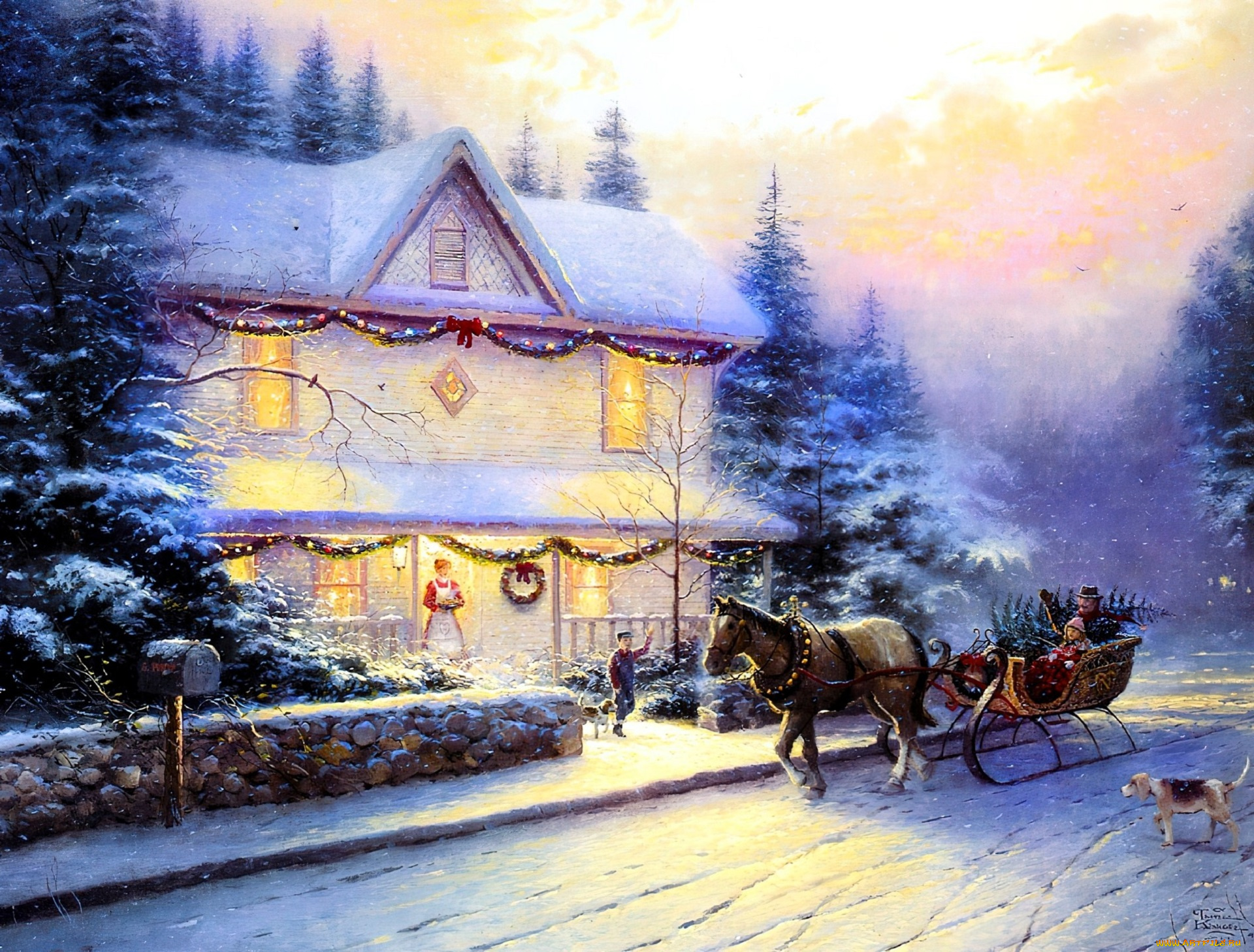 рисованное, thomas, kinkade, дом, снег, деревья, люди, сани, лошадь