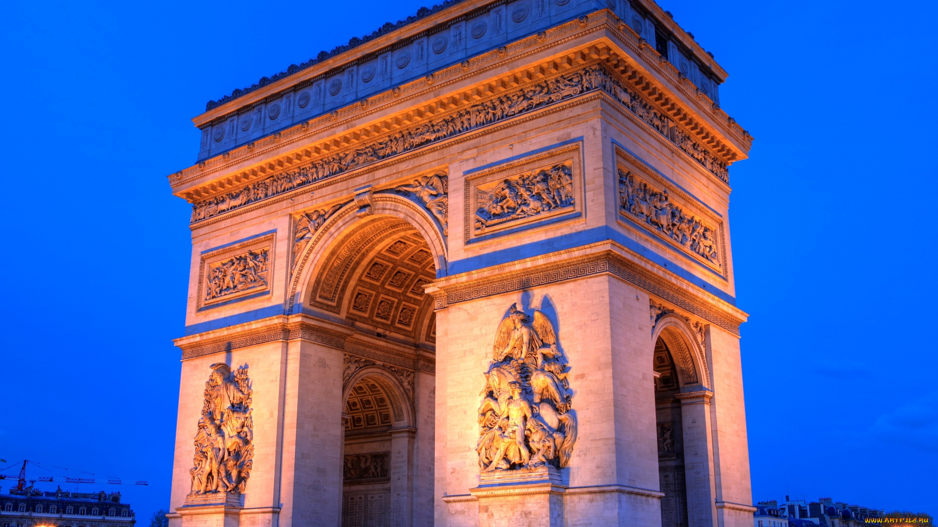 триумфальная, арка, париж, франция, города, исторический, рельеф, ночь