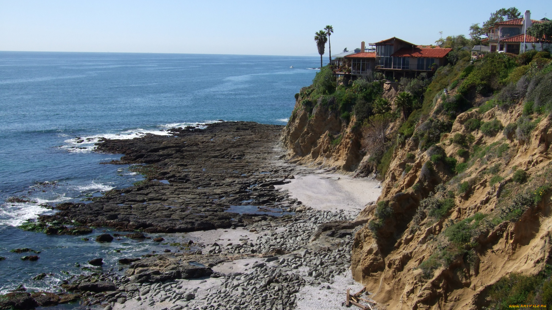 cliff, dwelling, laguna, beach, ca, природа, побережье, океан, сша, калифорния, дома, скалы, пляж