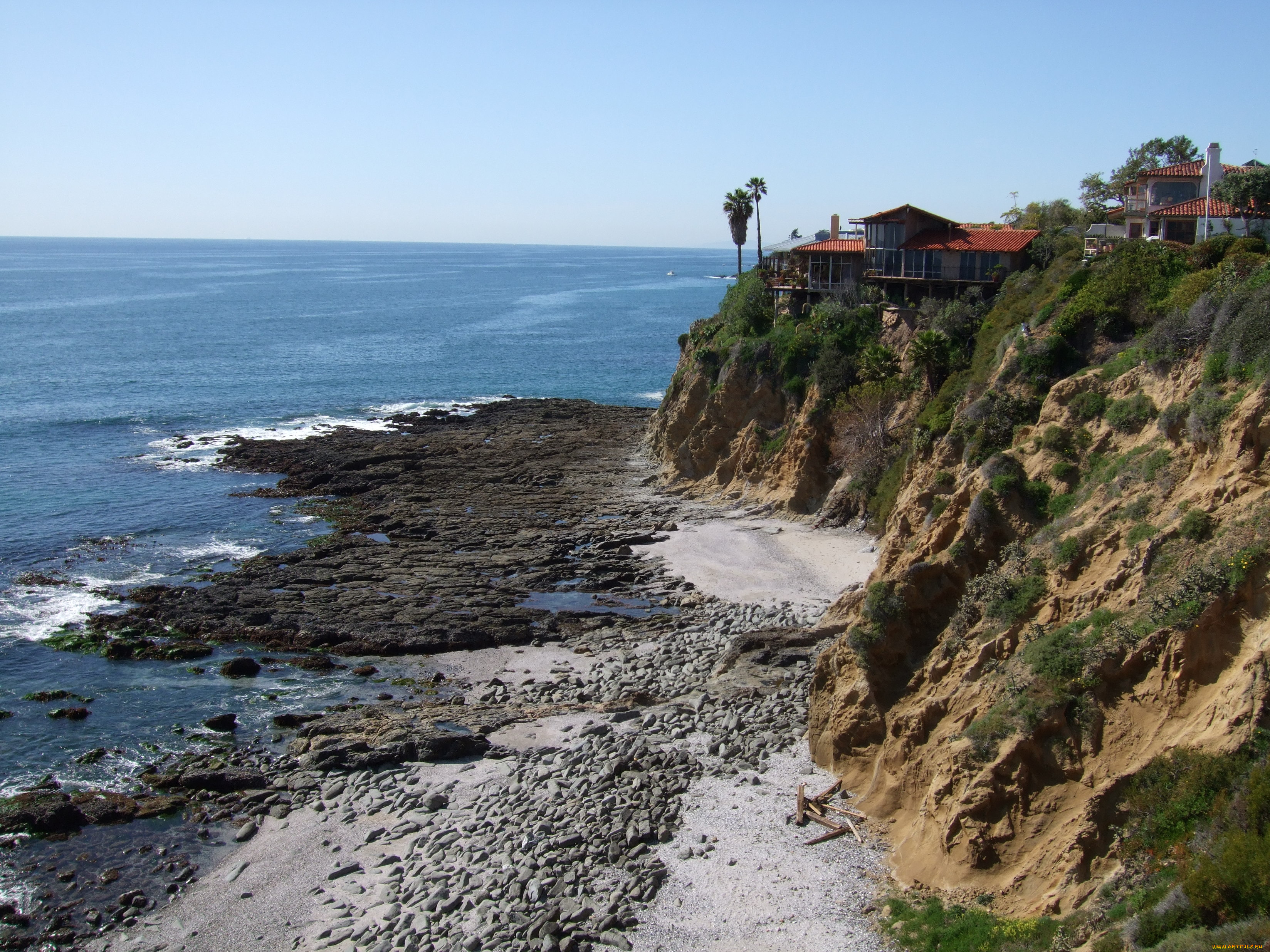 cliff, dwelling, laguna, beach, ca, природа, побережье, океан, сша, калифорния, дома, скалы, пляж