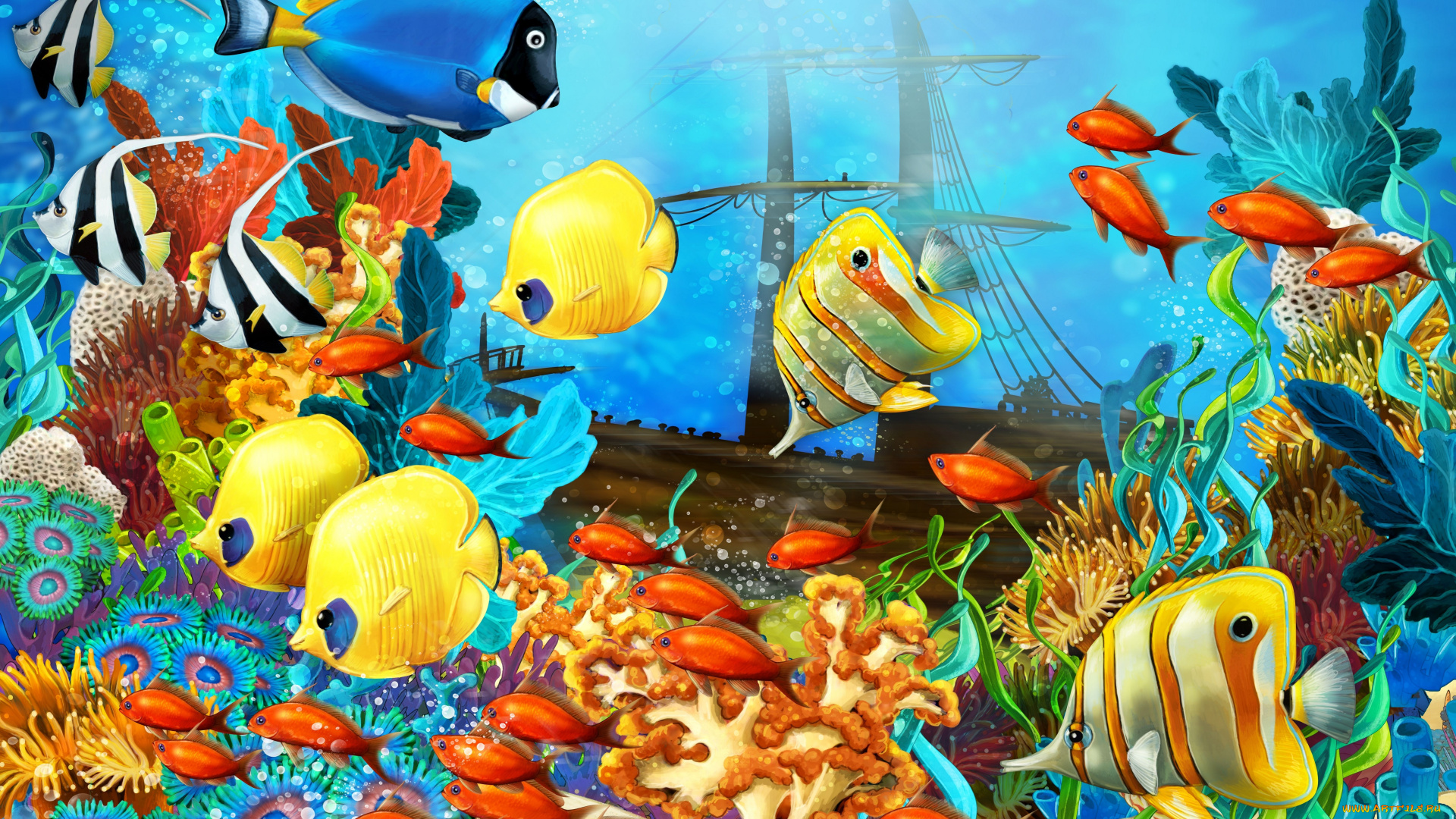 рисованные, животные, , рыбы, морское, дно, кораллы, парусник, корабль, рыбы