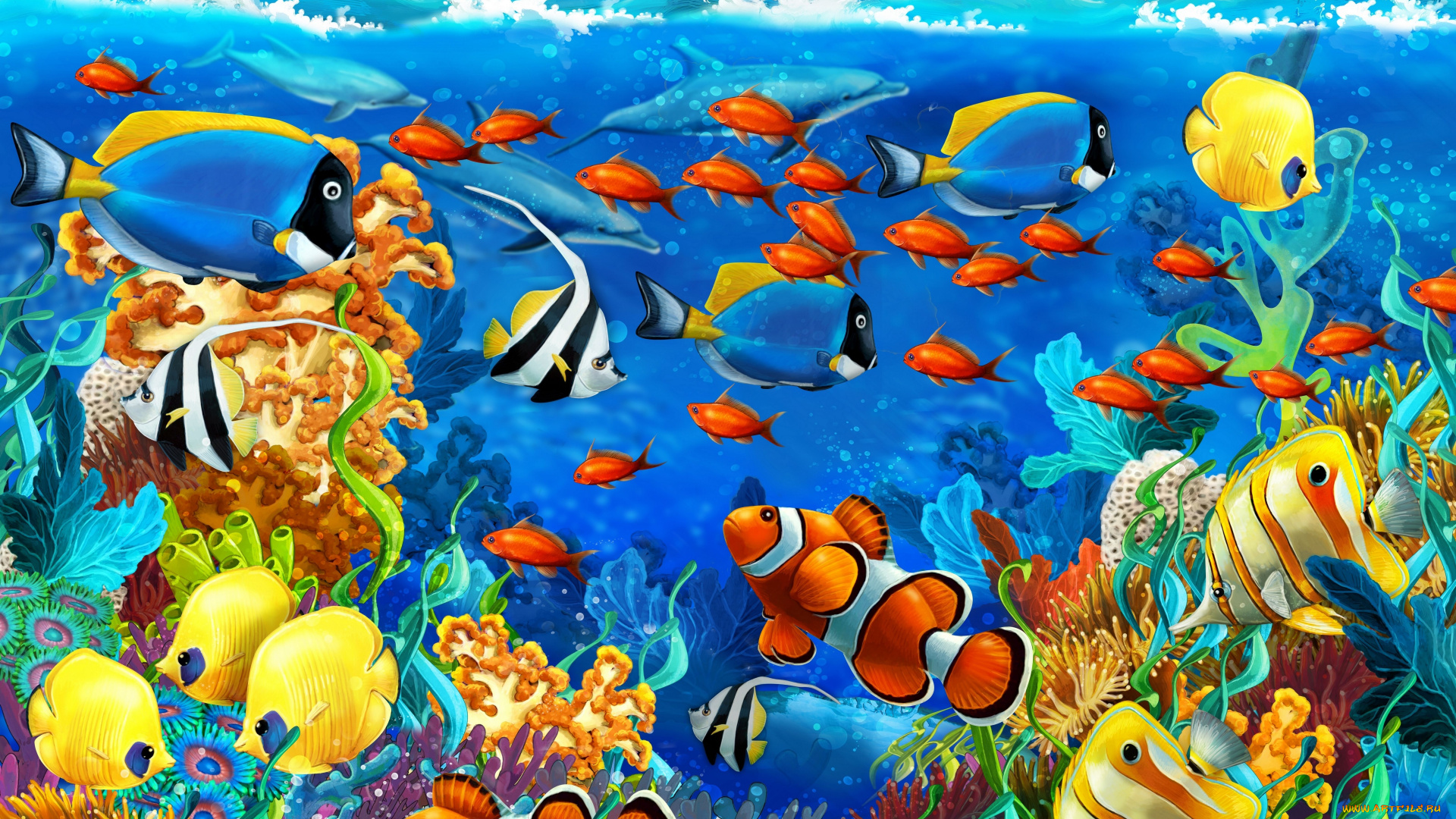рисованные, животные, , рыбы, водоросли, рыбы, море, кораллы, дельфины