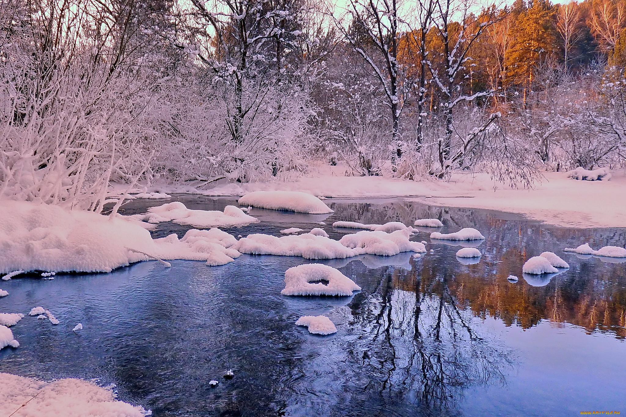 природа, зима, река, снег, лес