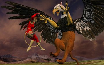 Картинка 3д+графика fantasy+ фантазия девушка кошка крылья клюв существо