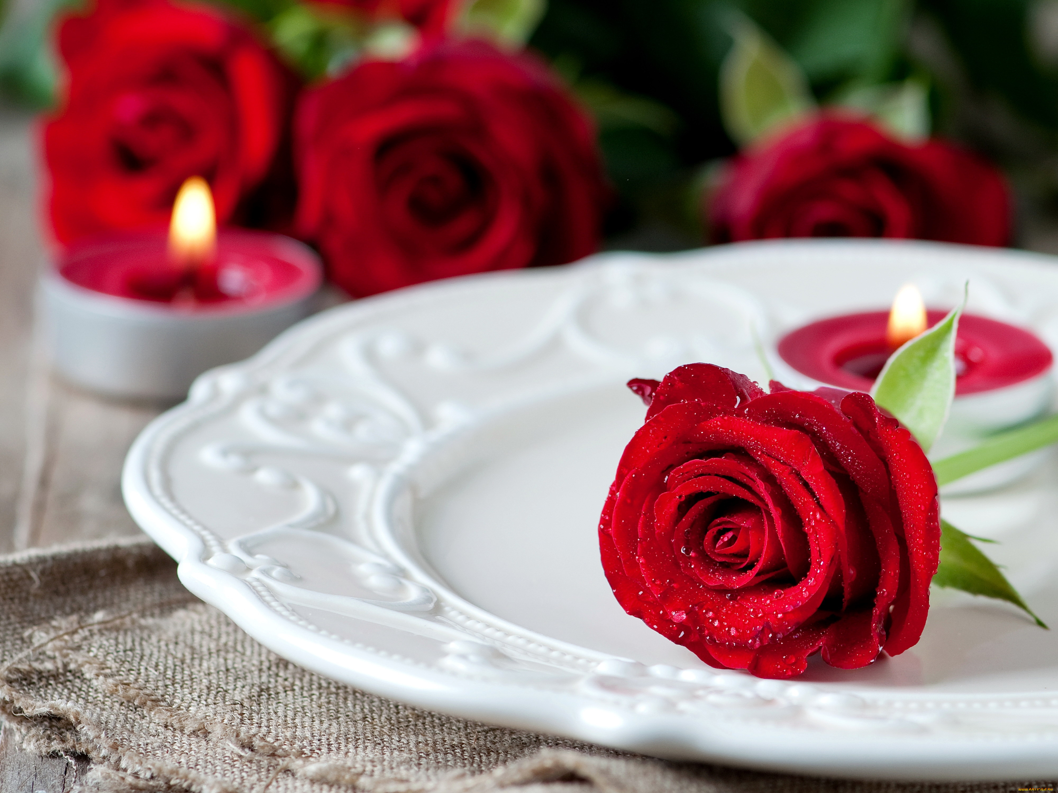 цветы, розы, тарелка, свечи, капли