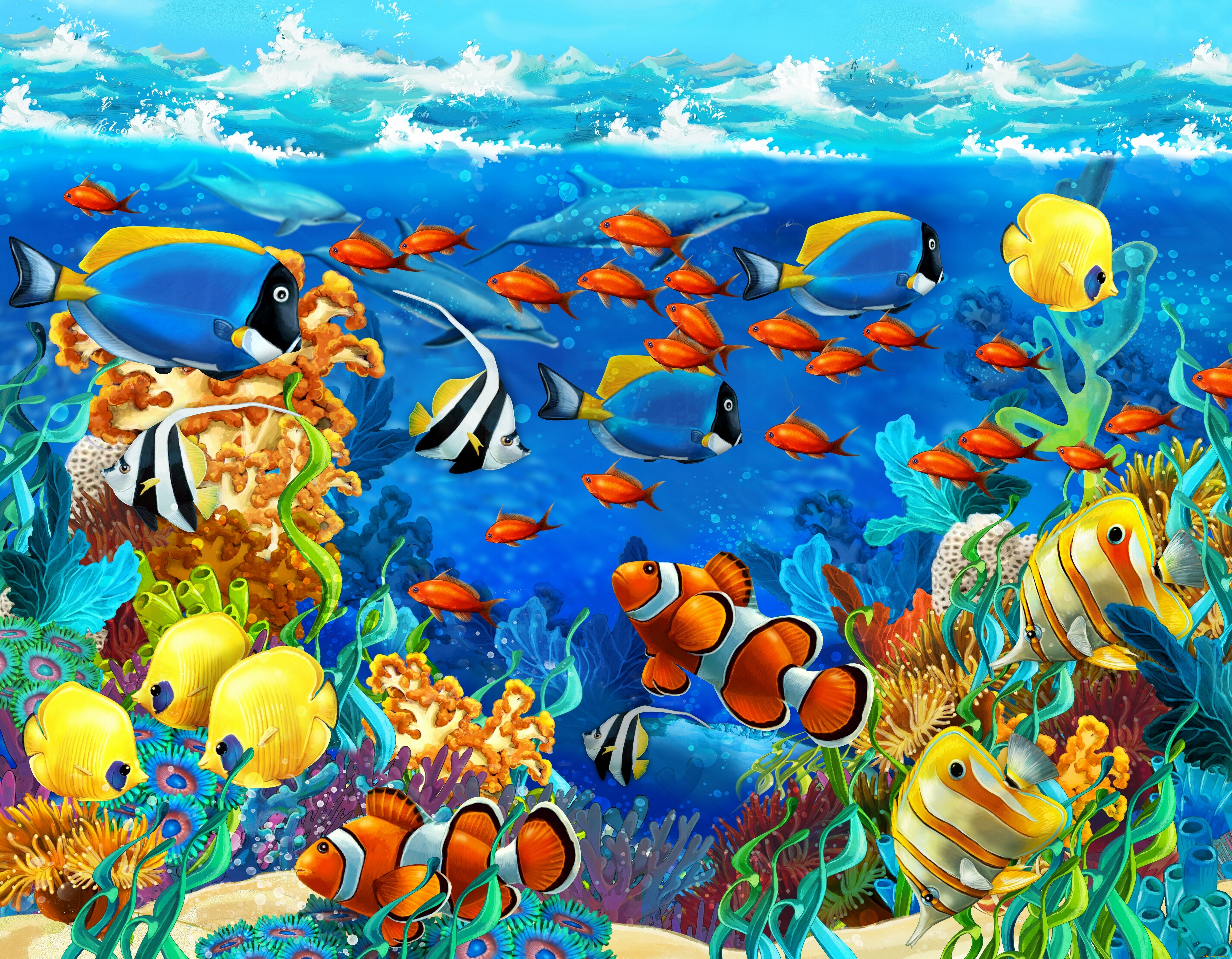 рисованные, животные, , рыбы, водоросли, рыбы, море, кораллы, дельфины