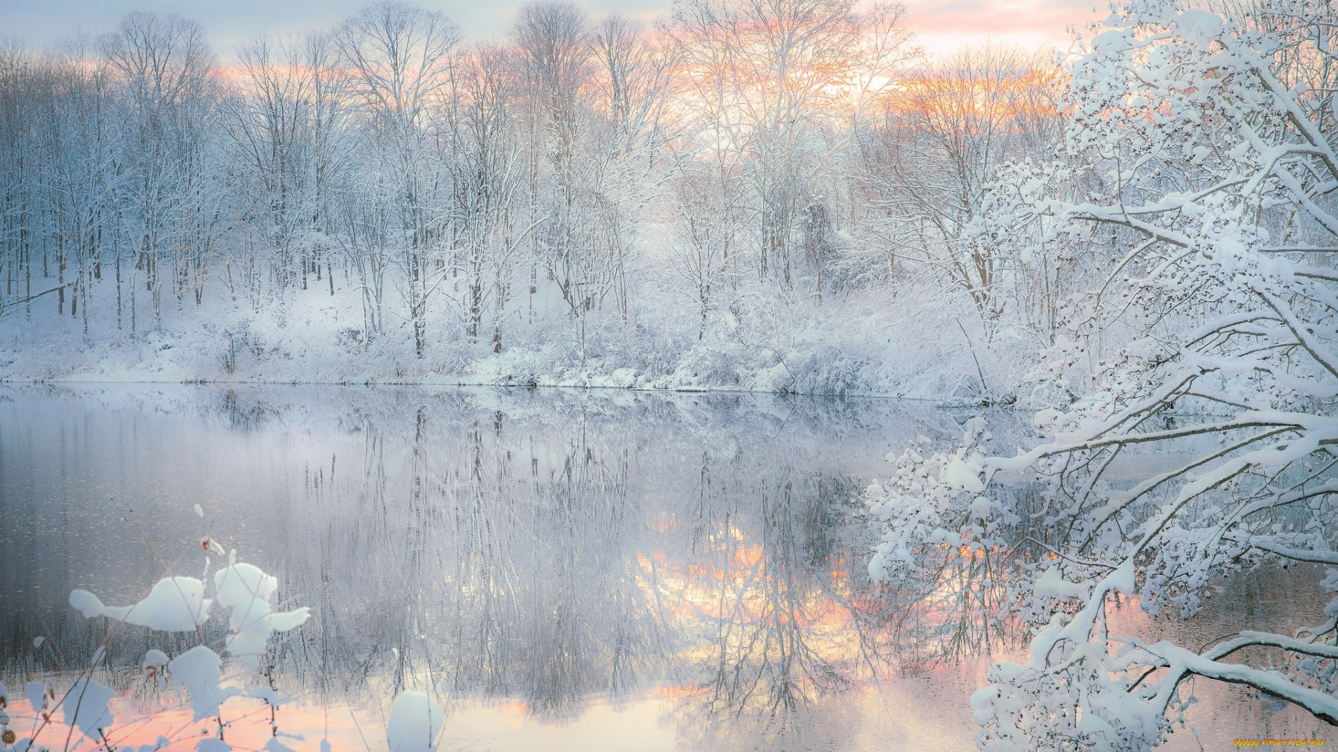 природа, зима, отражение, озеро, вечер, снег, лес