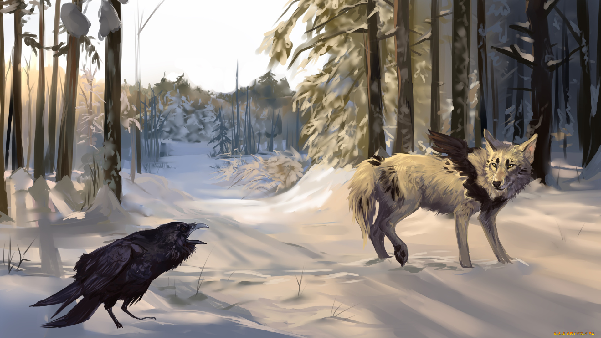 рисованное, животные, , волки, лес, дорога, волк, снег, ворона, зима