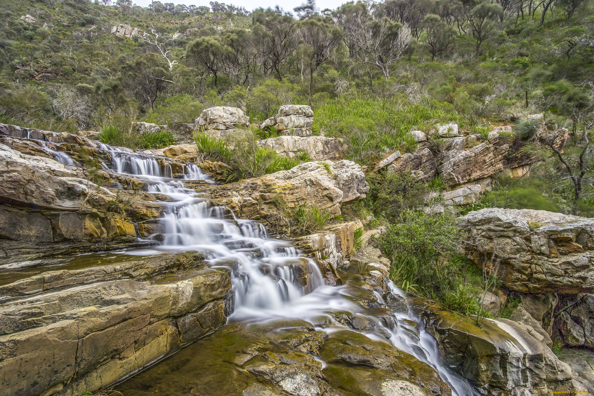 природа, водопады, каскад, лес, скалы, водопад