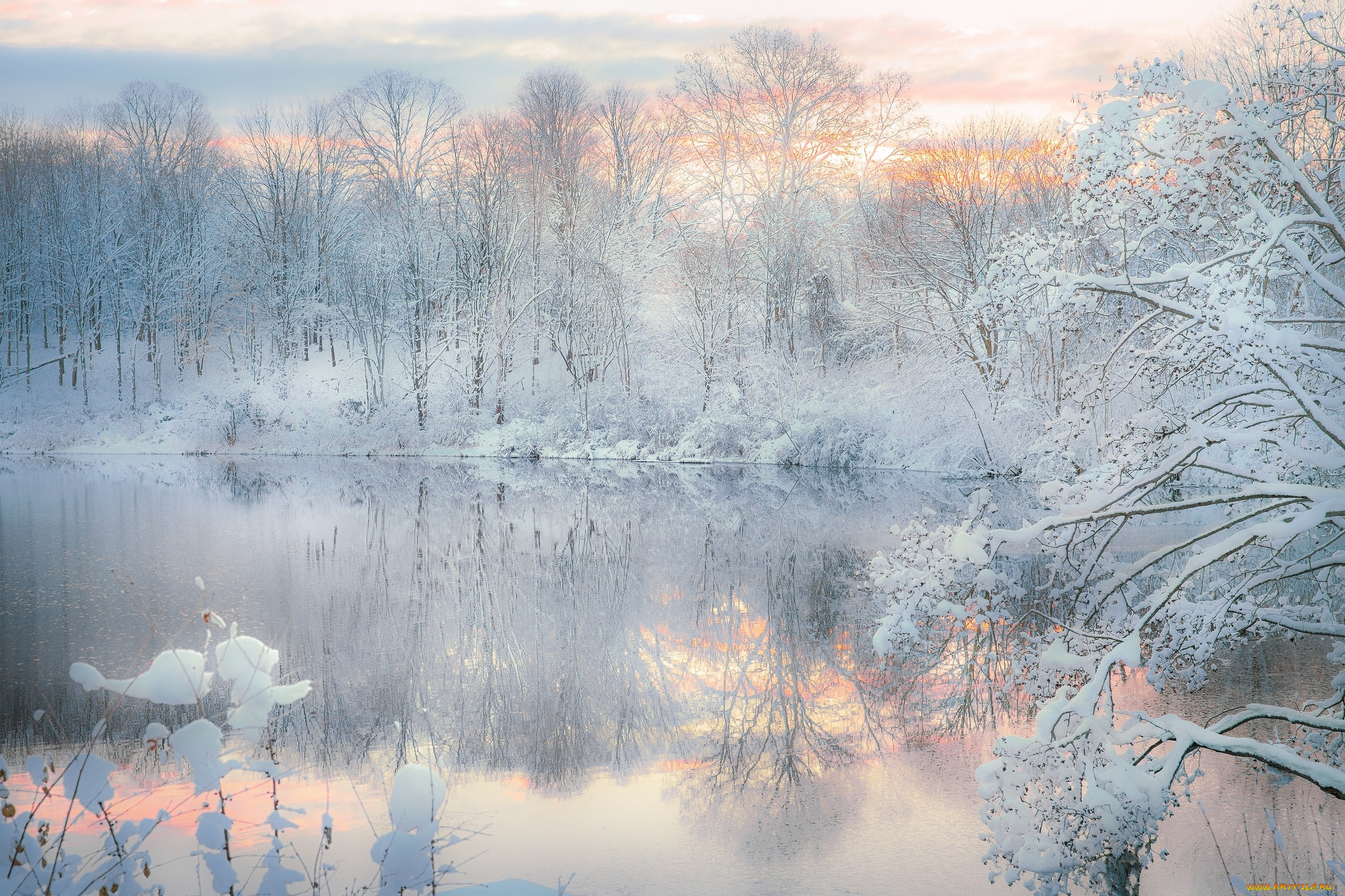 природа, зима, отражение, озеро, вечер, снег, лес