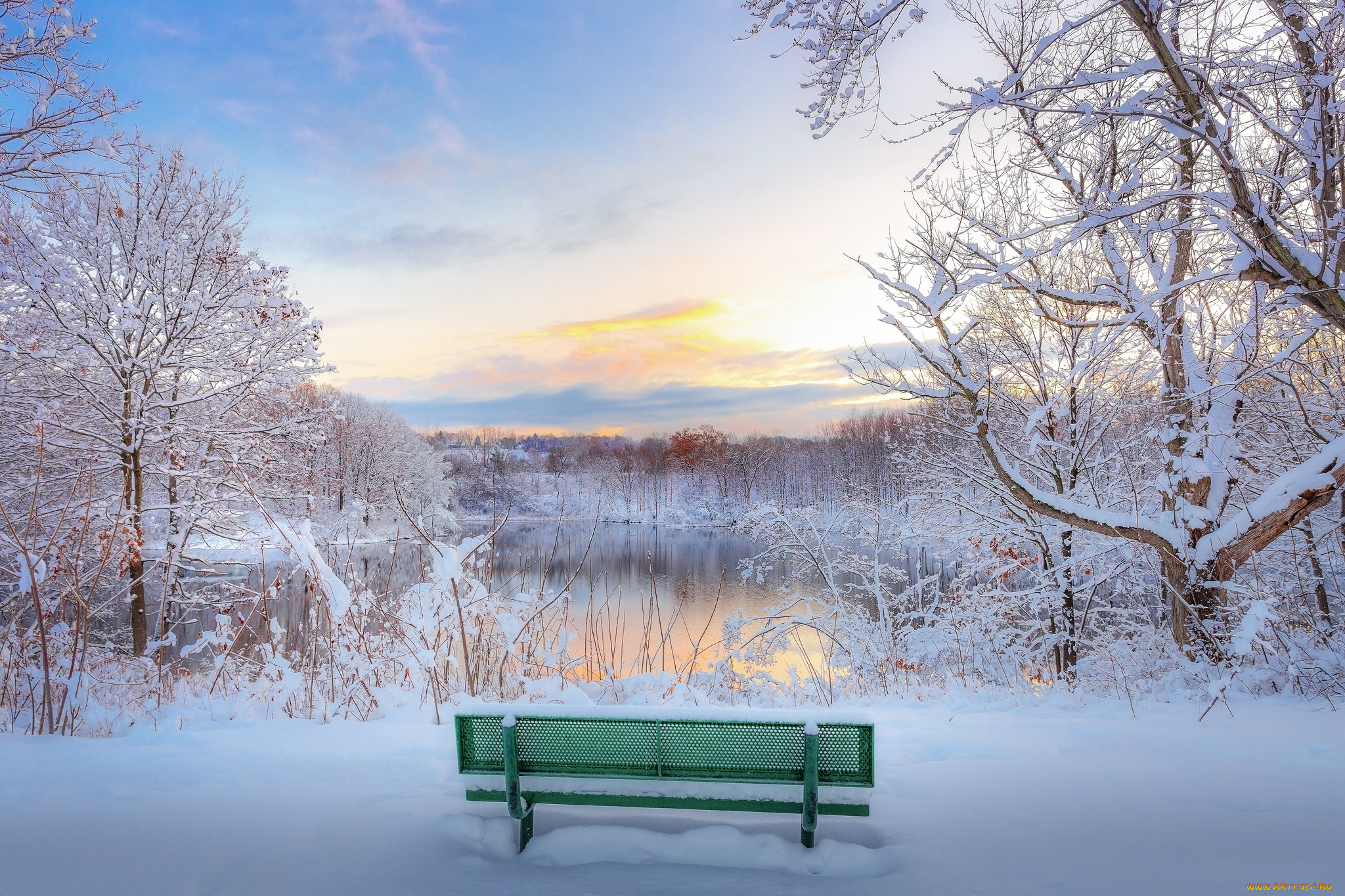 природа, зима, снег, скамейка, озеро, парк, вечер
