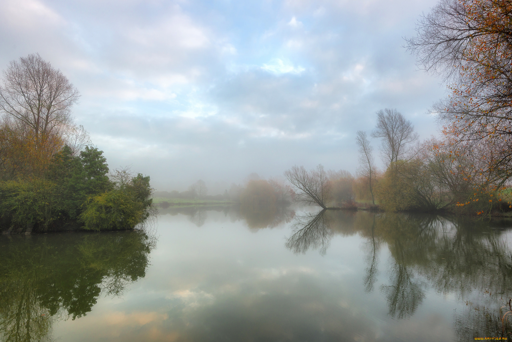 природа, реки, озера, осень, озеро, пруд, утро, туман, тишь, спокойствие