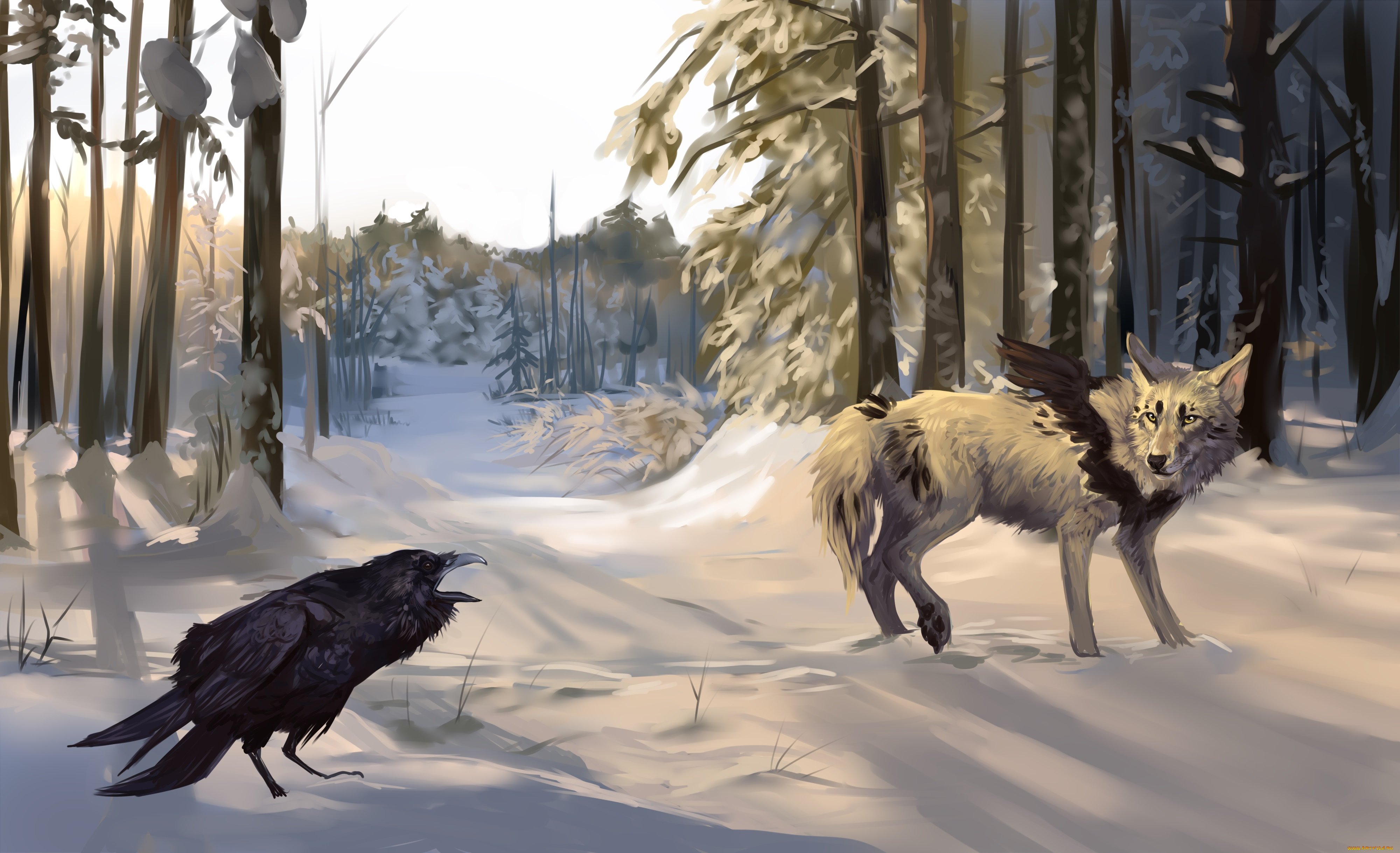 рисованное, животные, , волки, лес, дорога, волк, снег, ворона, зима