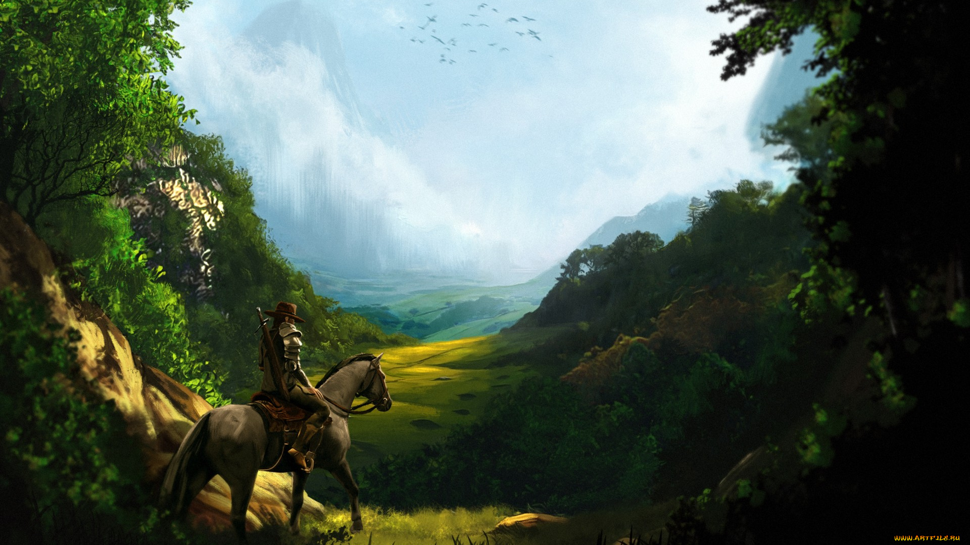рисованное, люди, природа, лошадь, птицы, небо, меч, всадник, деревья