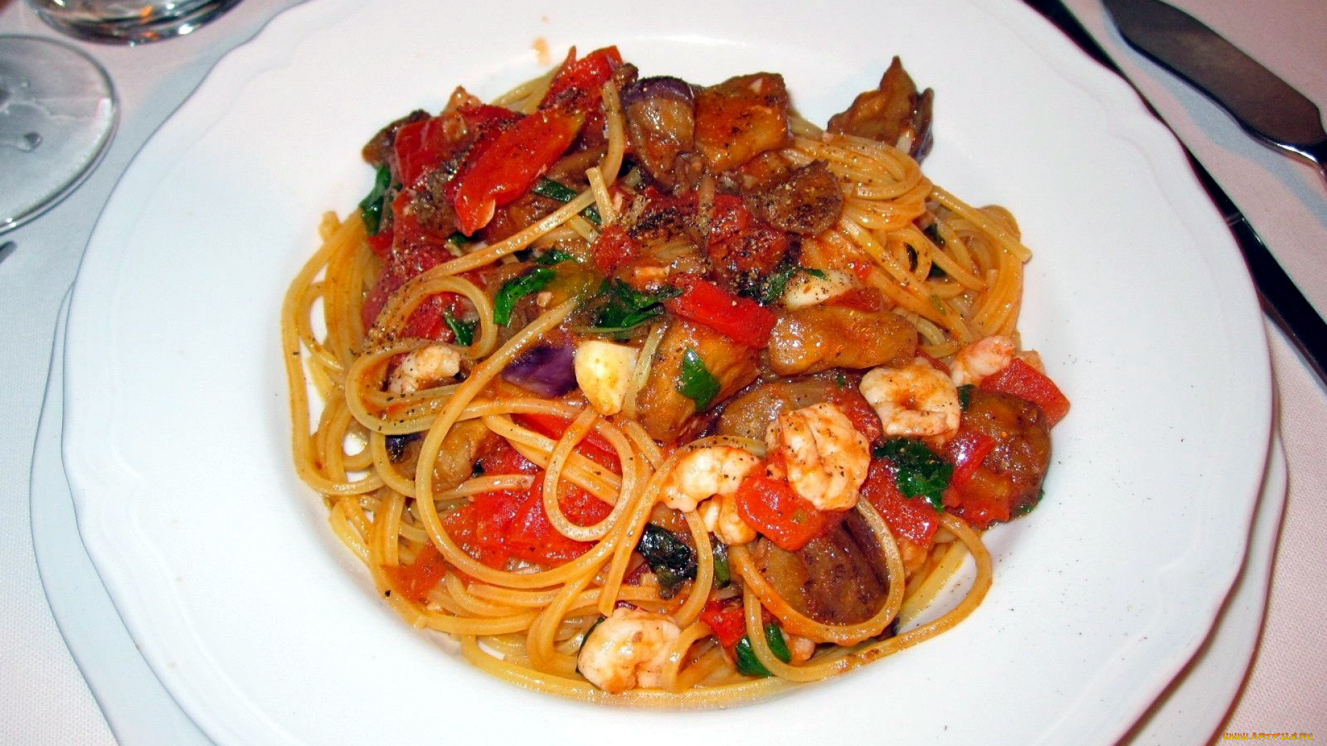 еда, макаронные, блюда, креветки, спагетти, помидоры