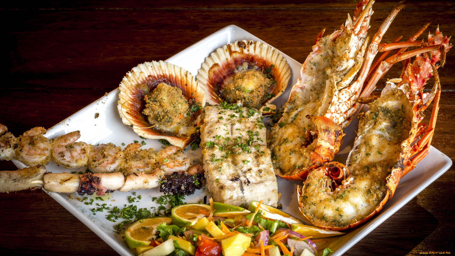 еда, рыбные, блюда, , с, морепродуктами, салат, клешни, краб