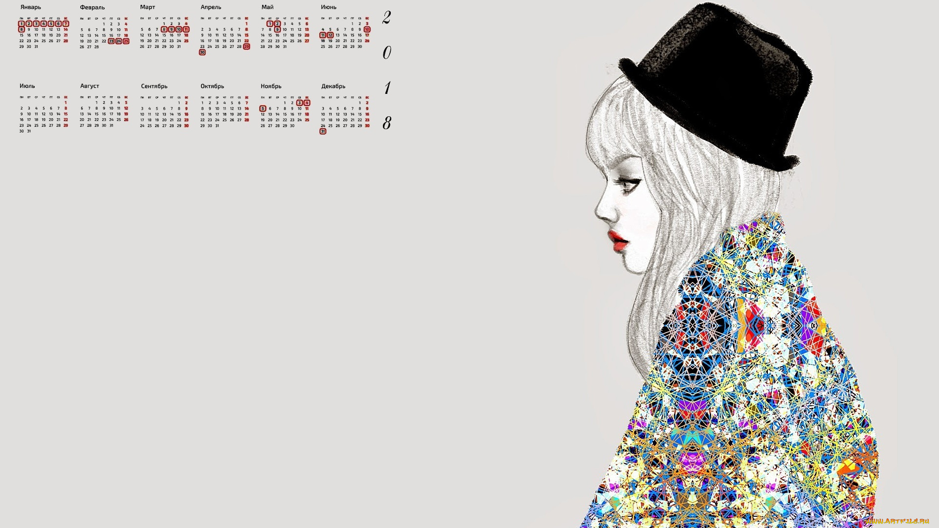 календари, рисованные, , векторная, графика, девушка, 2018, шляпа, профиль
