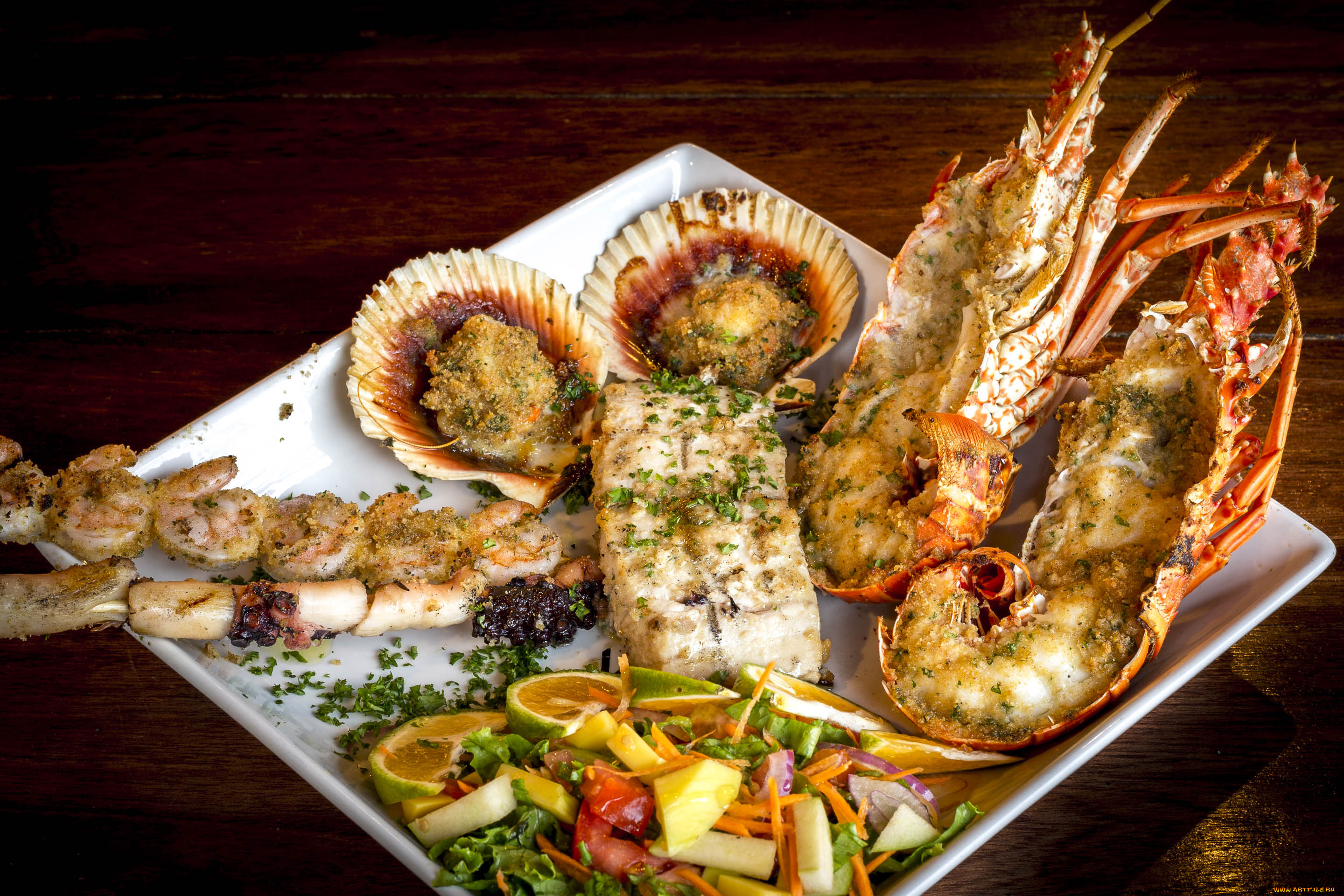 еда, рыбные, блюда, , с, морепродуктами, салат, клешни, краб
