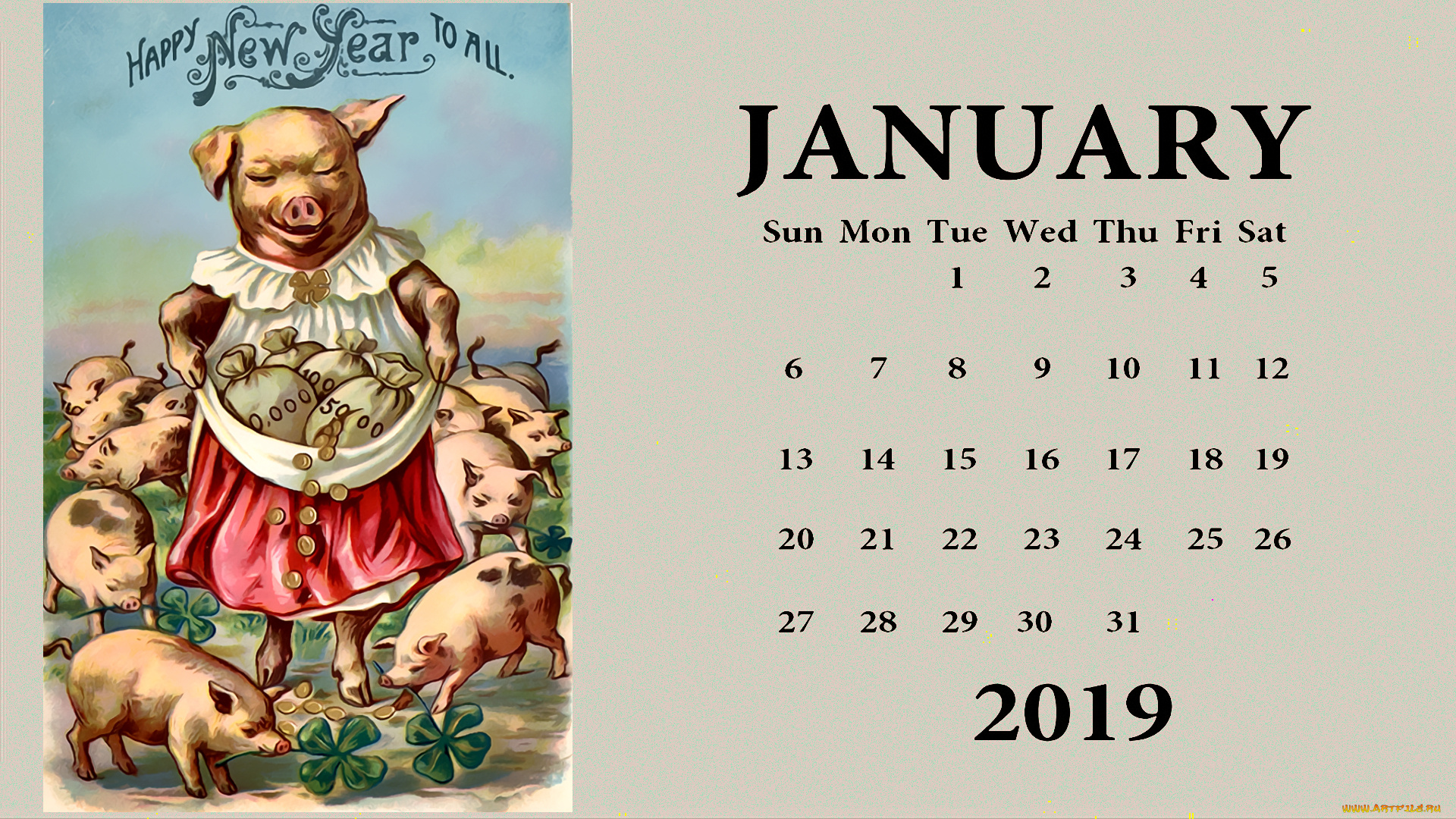 календари, праздники, , салюты, поросенок, растение, свинья, монета