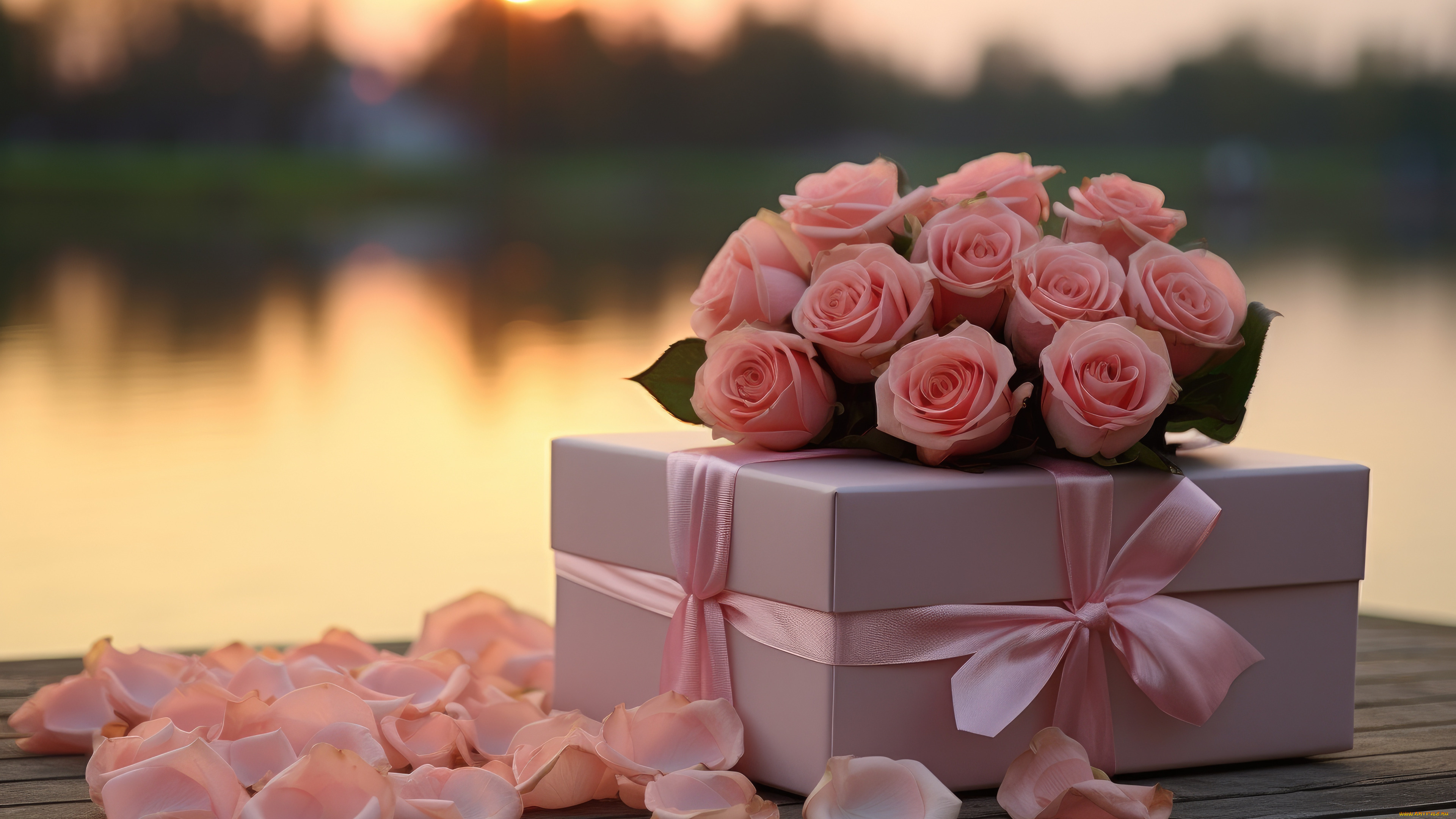 праздничные, подарки, и, коробочки, цветы, праздник, подарок, доски, розы, букет, лепестки, розовые