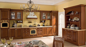 Картинка интерьер кухня стол люстра посуда буфет мебель плита духовка