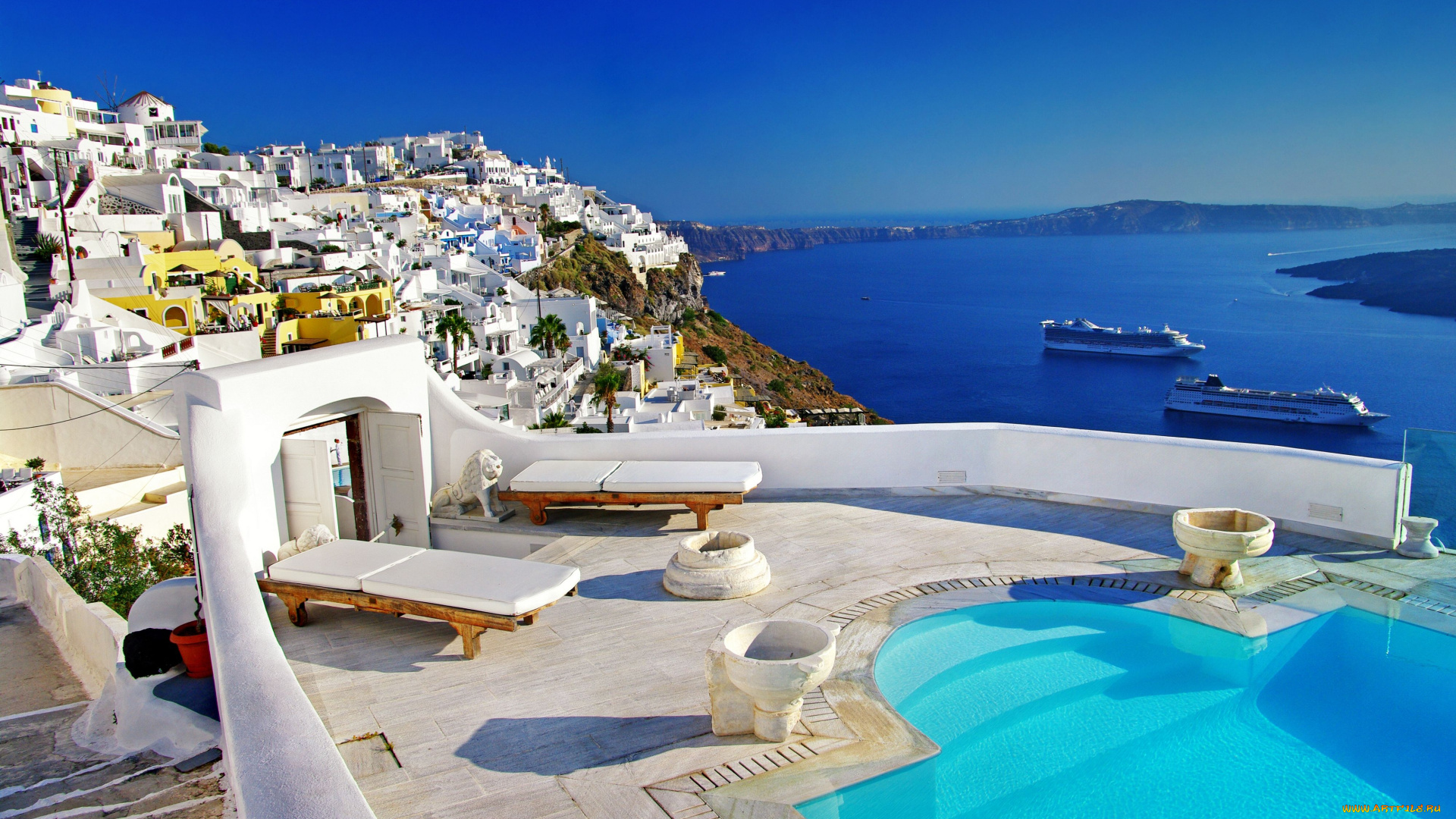 oia, santorini, greece, города, санторини, греция, море, лаёнеры, побережье, бассейн