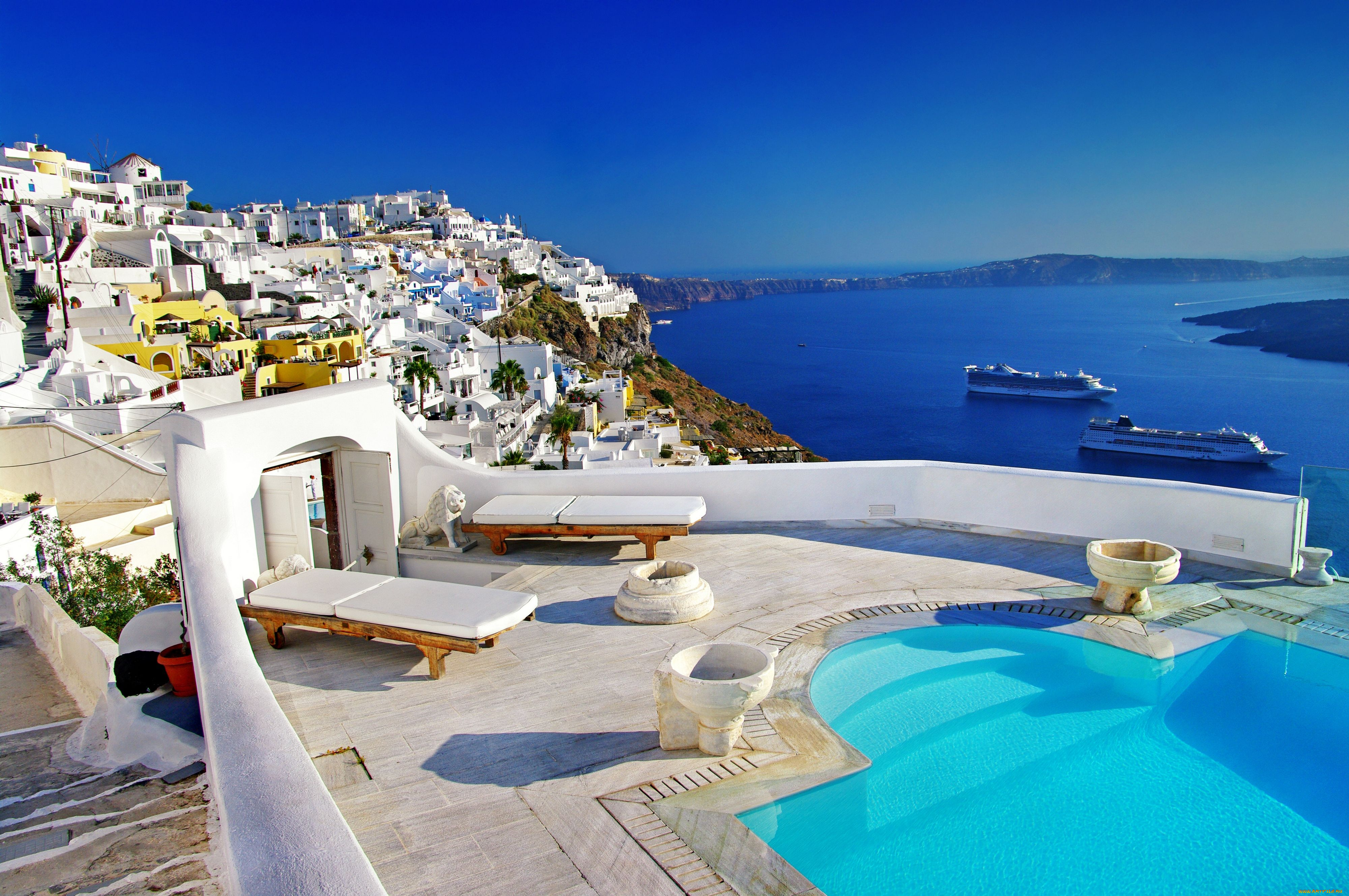 oia, santorini, greece, города, санторини, греция, море, лаёнеры, побережье, бассейн