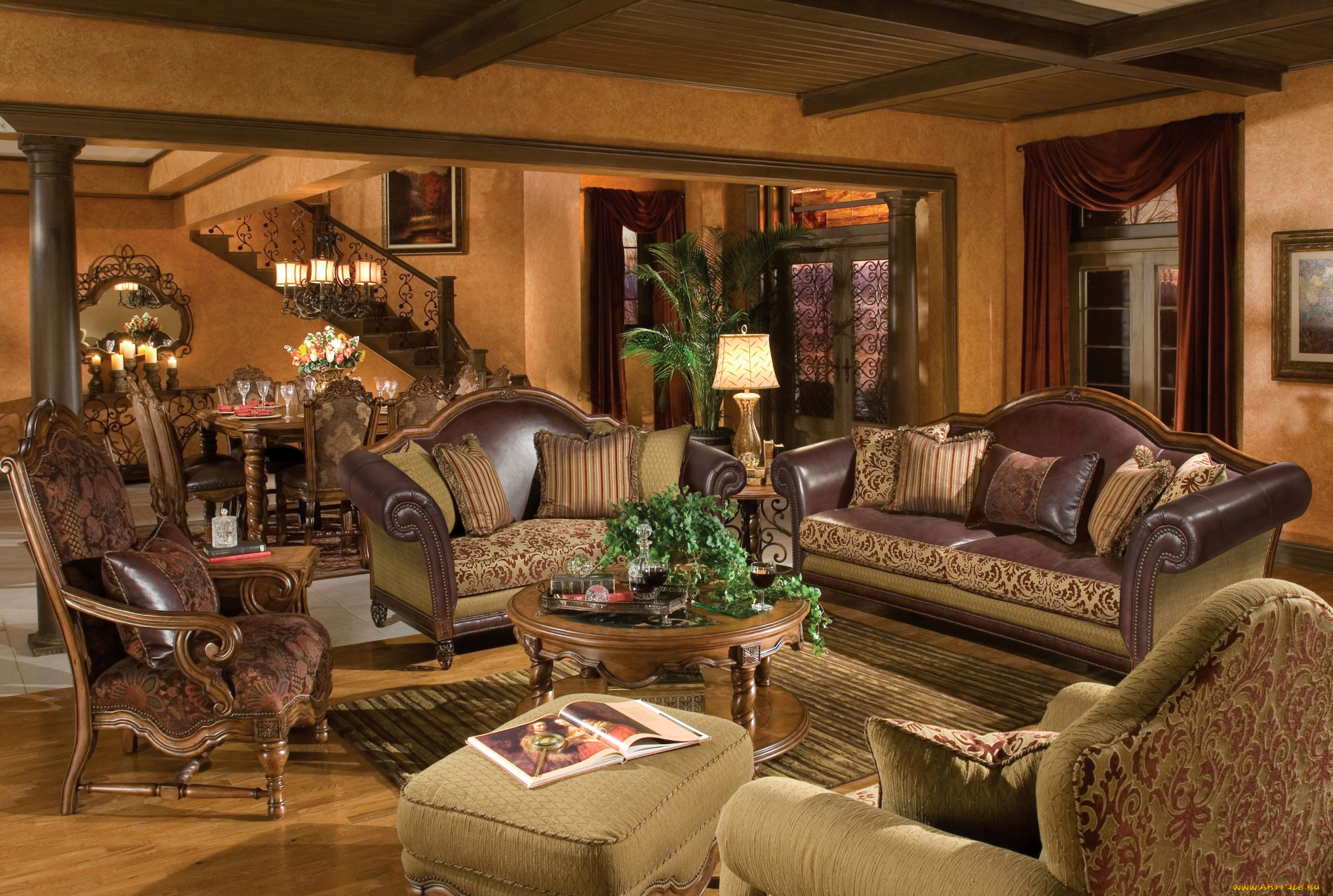 интерьер, гостиная, стол, кресла, лестница, цветы, диван