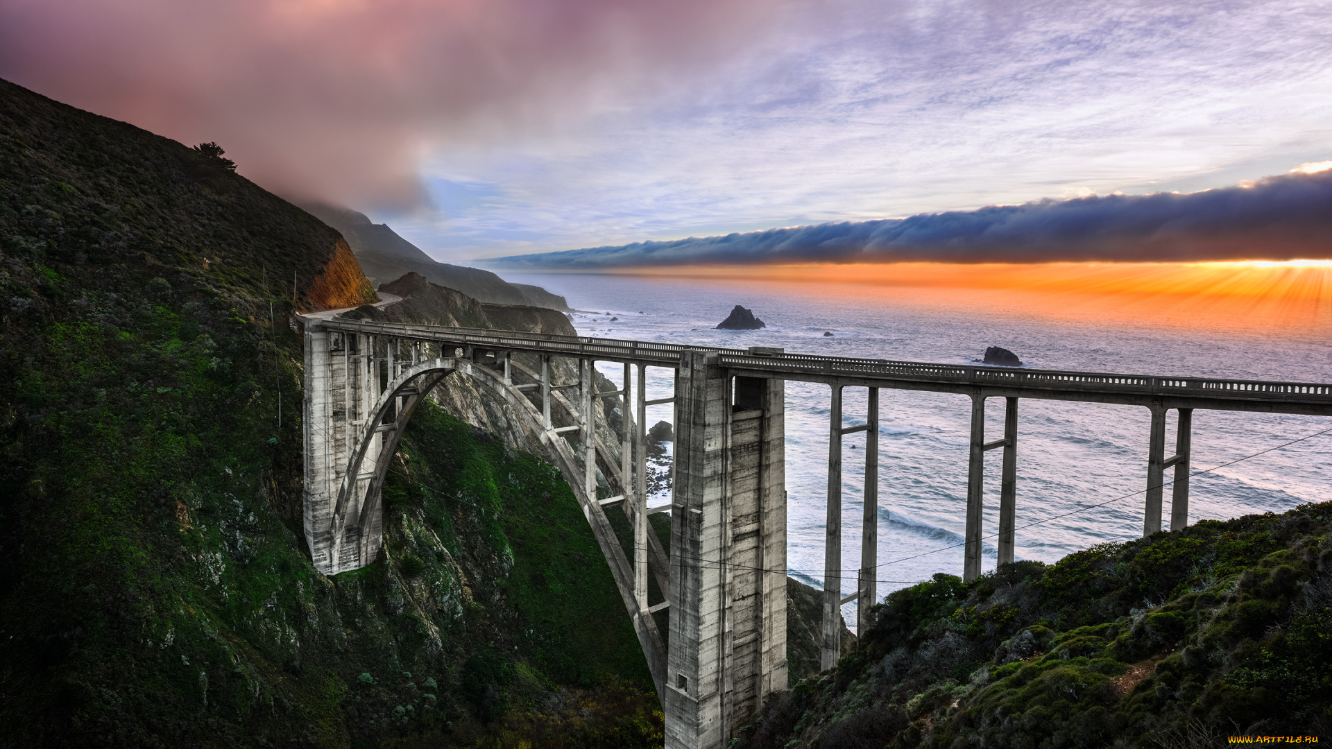 города, -, мосты, мост, природа, небо, рассвет, побережье, california, bixby, bridge