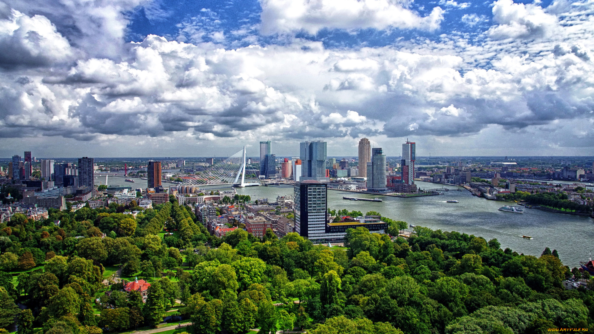 города, -, панорамы, небо, деревья, река, дома, роттердам, netherlands, rotterdam