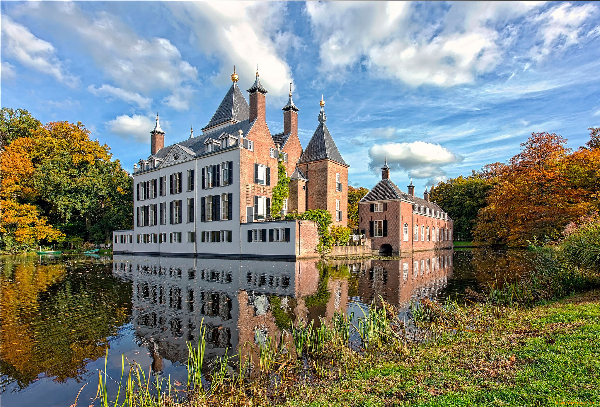 renswoude, castle, города, замки, нидерландов, парк, пруд, замок