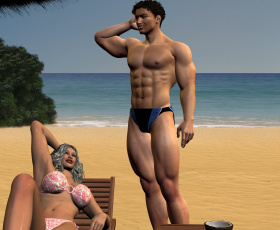 Картинка 3д+графика люди+ people шезлонг пляж парень фон взгляд девушка