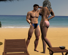 Картинка 3д+графика люди+ people шезлонг пляж парень фон взгляд девушка