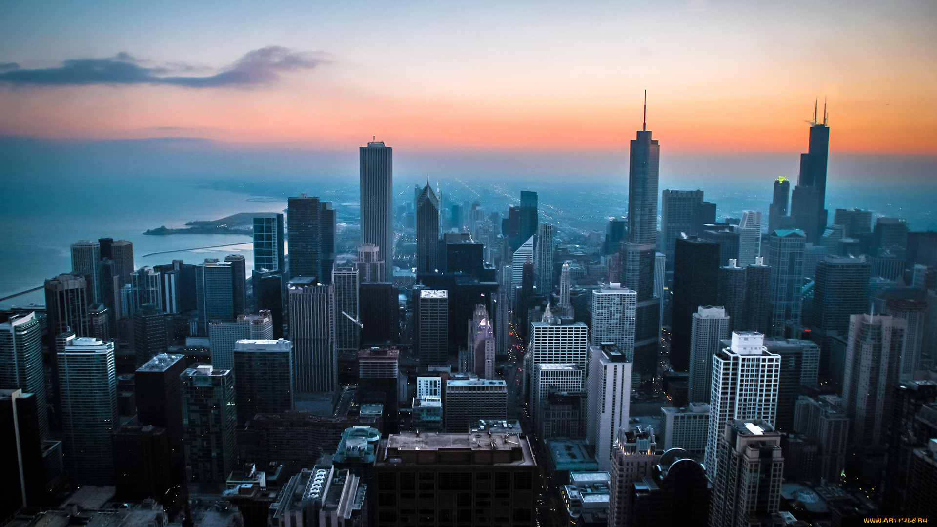 города, Чикаго, , сша, chicago, city, lake, dawn