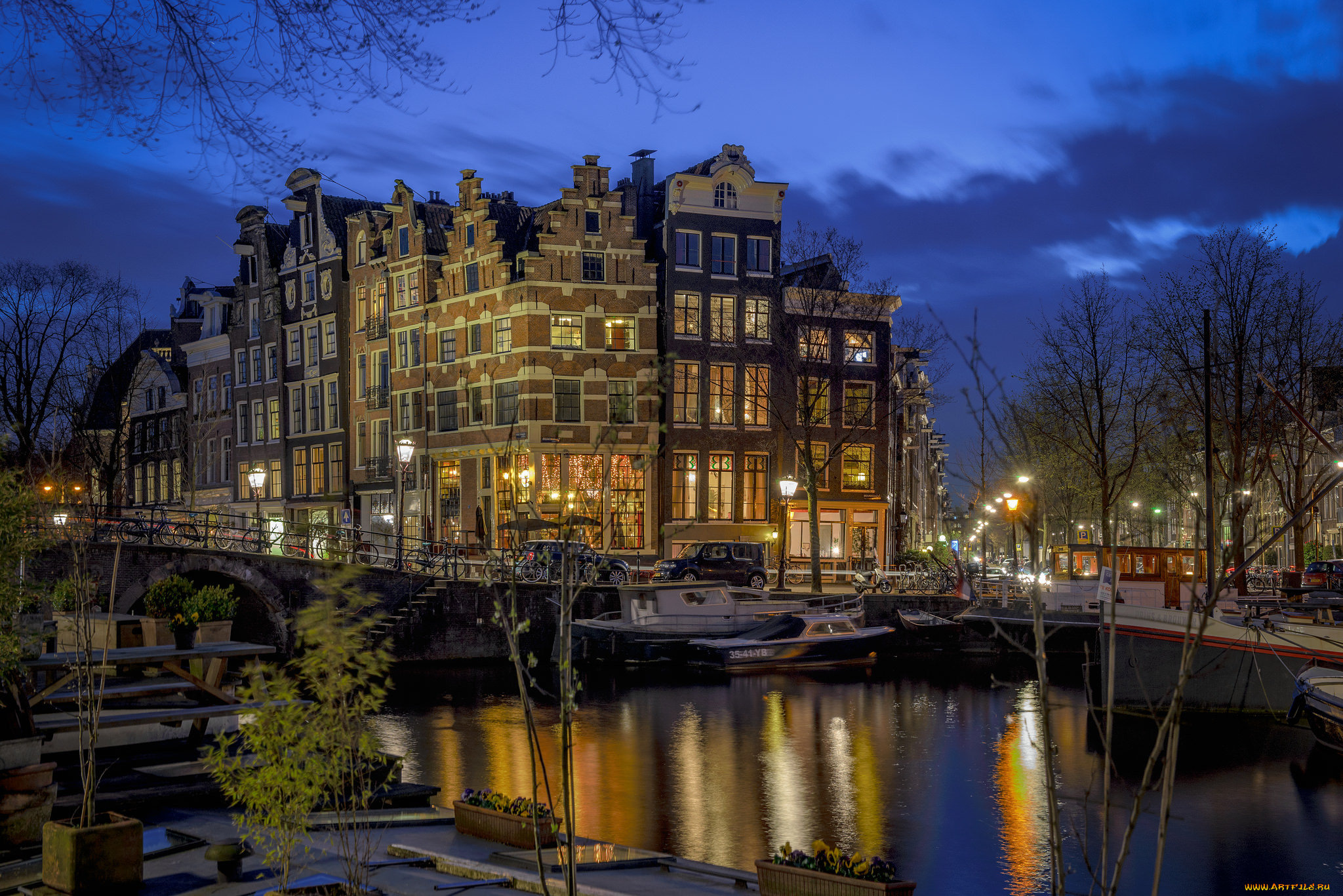 города, амстердам, , нидерланды, ночь, огни