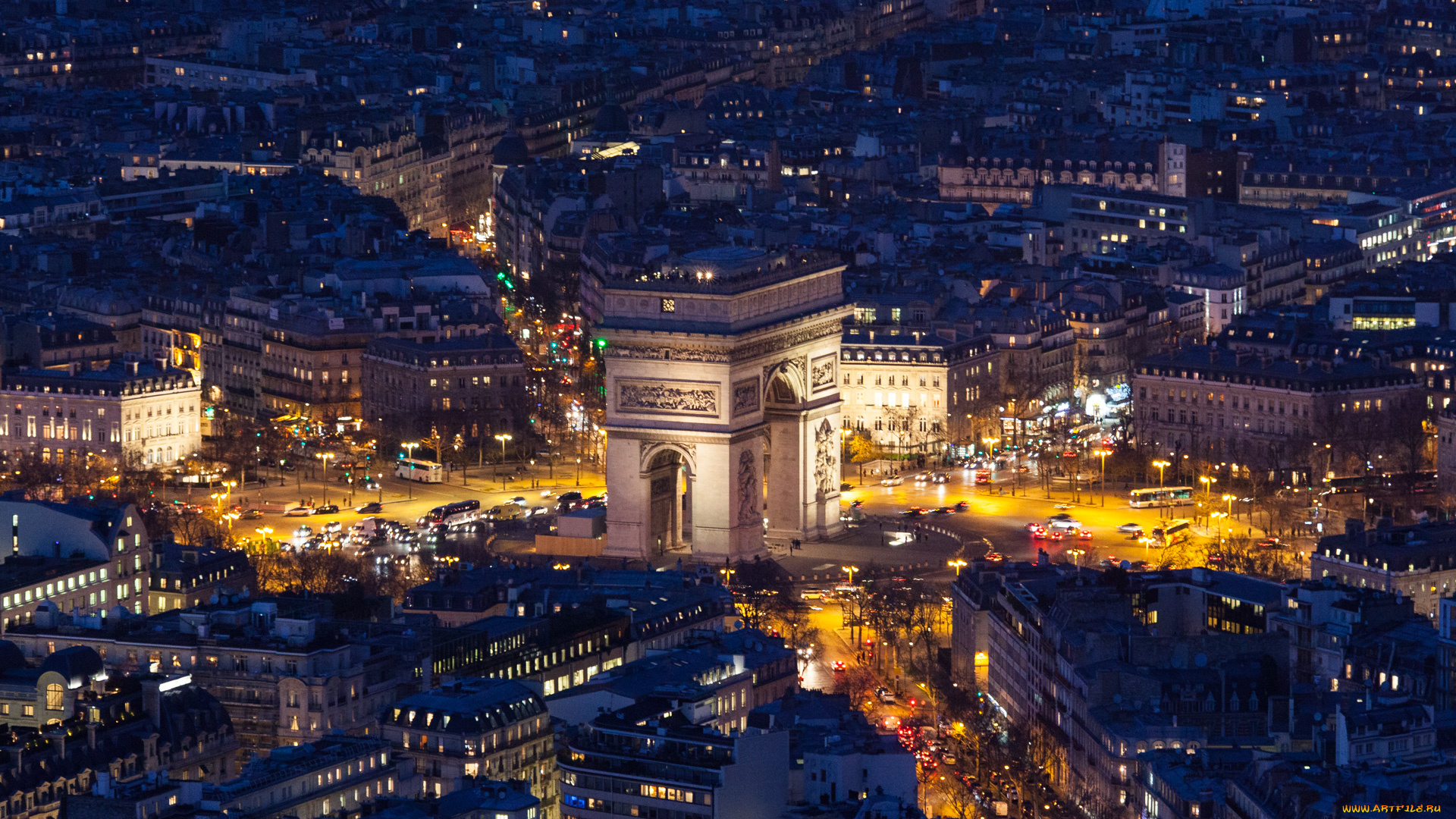 arc, de, triomphe, города, париж, , франция, ночь, огни, панорама