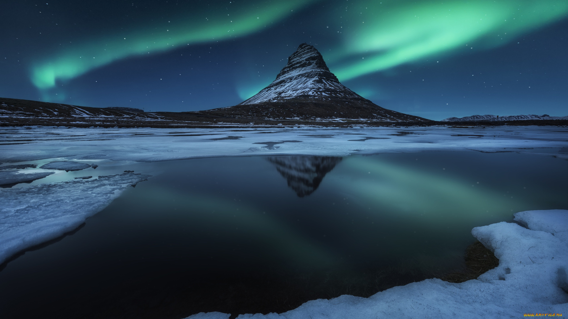 природа, северное, сияние, гора, kirkjufell, исландия, звезды, снег, зима, северное, сияние, ночь, вода