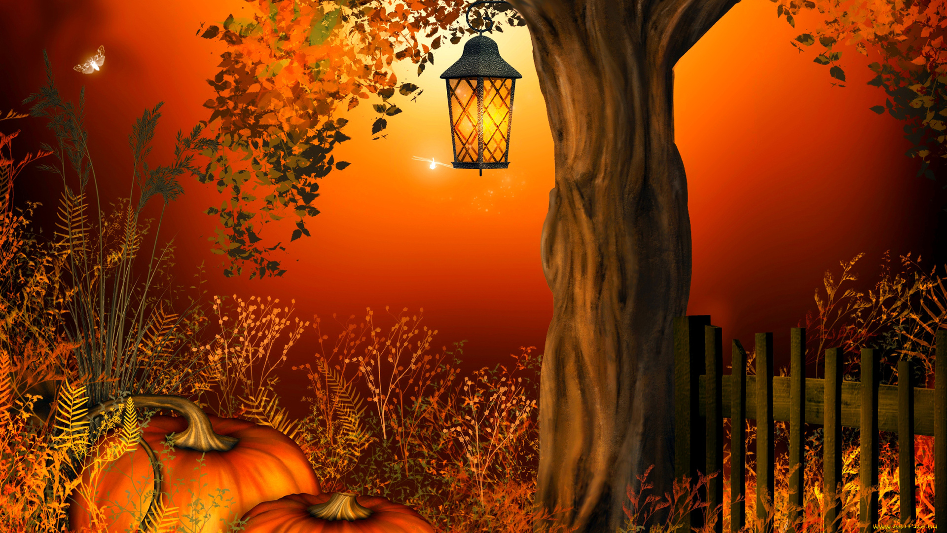 3д, графика, праздники, , holidays, тыквы, оранжевый, деревья, хэллоуин, огонёк, осень, жёлтый, листва, праздник, лампа