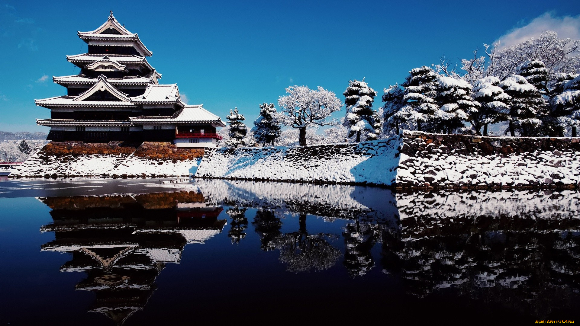 города, замки, японии, япония, пагода, снег, деревья, озеро