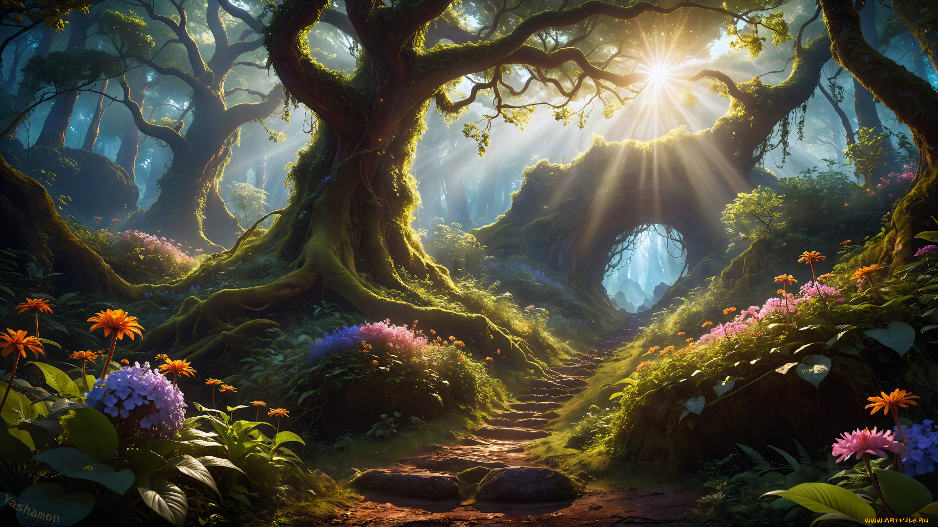 рисованное, природа, mystical, forest, path, sunlight, ai, art, surrealism, nature