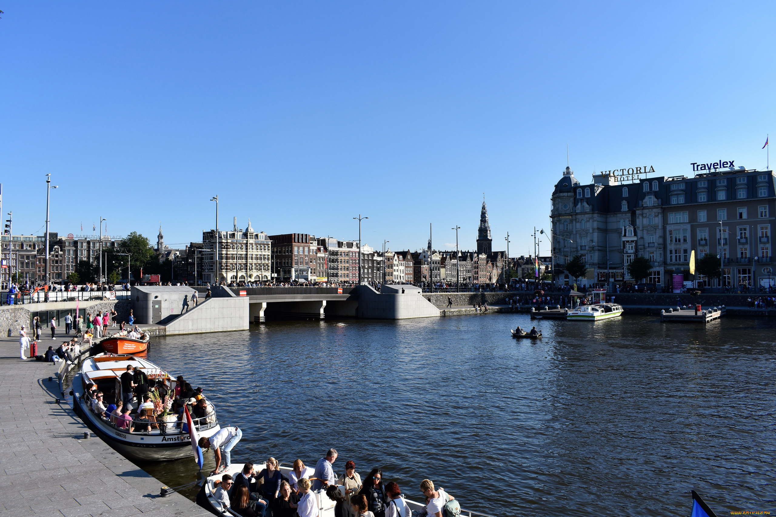 города, амстердам, , нидерланды, канал, мост, лодки, гостиница