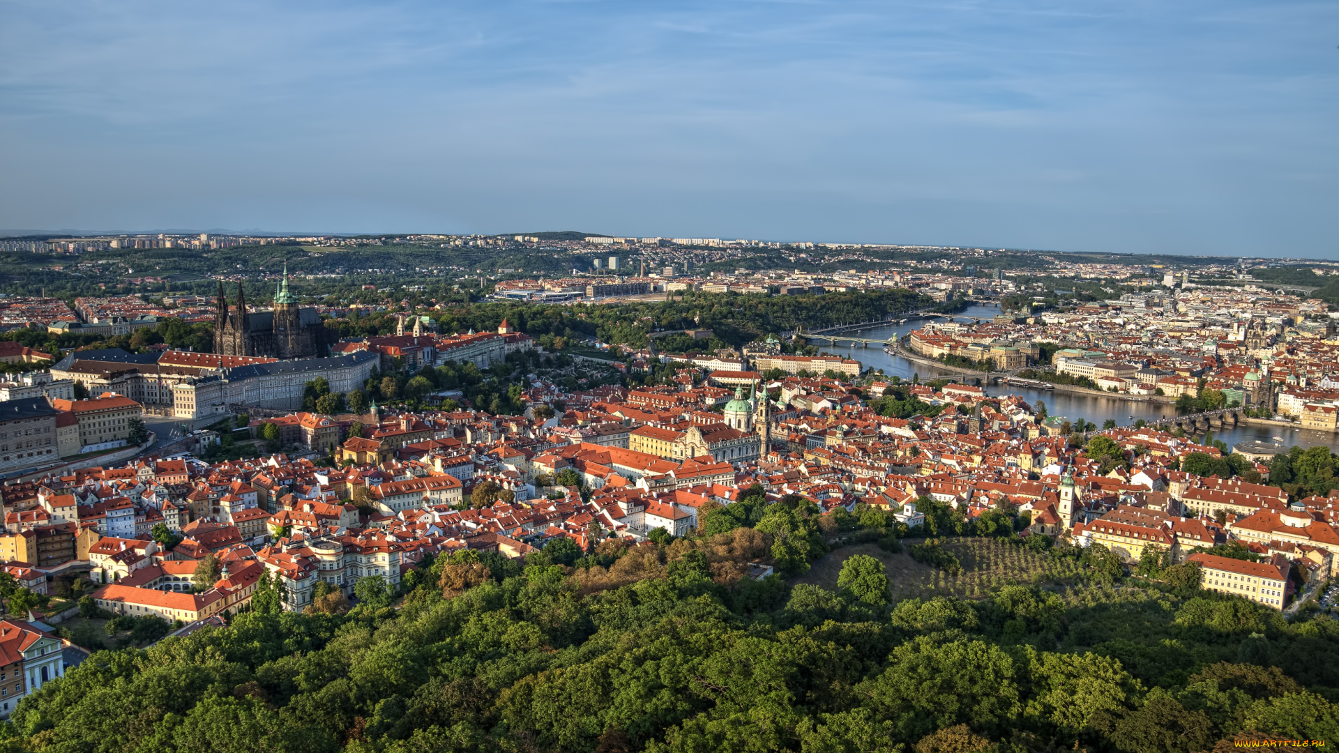 города, прага, Чехия, панорама, река, крыши, собор