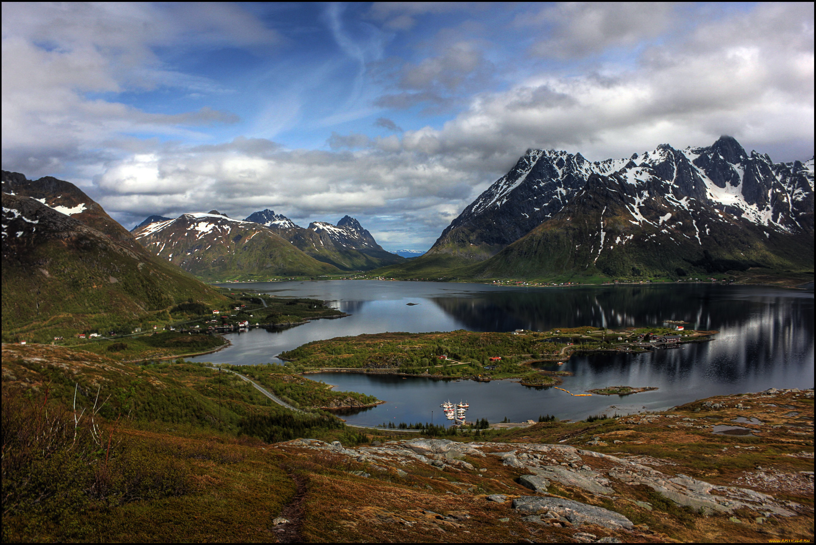 природа, реки, озера, снег, горы, норвегия, осень, остров, озеро