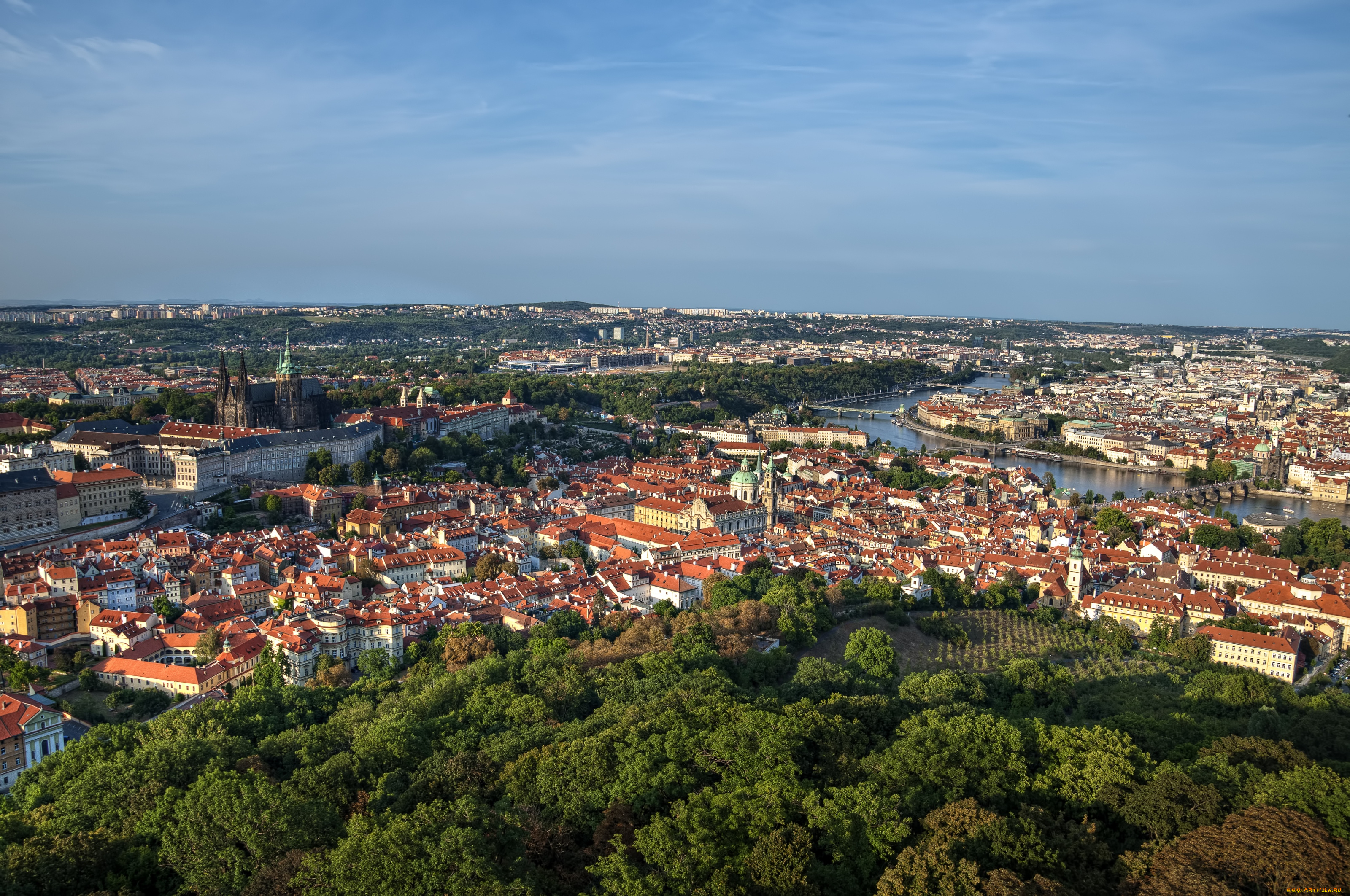 города, прага, Чехия, панорама, река, крыши, собор