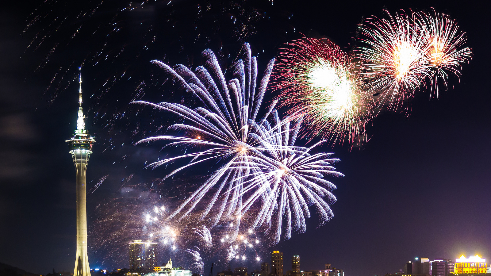 fireworks, macau, разное, салюты, , фейерверки, ночь, гавань, огни, башня, фейерверк