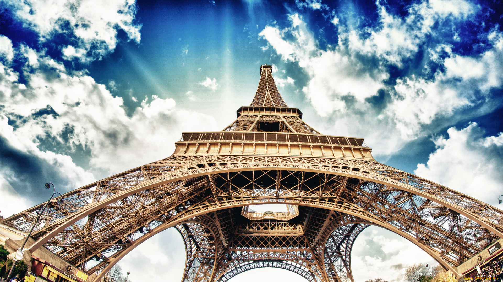 города, париж, , франция, облака, башня